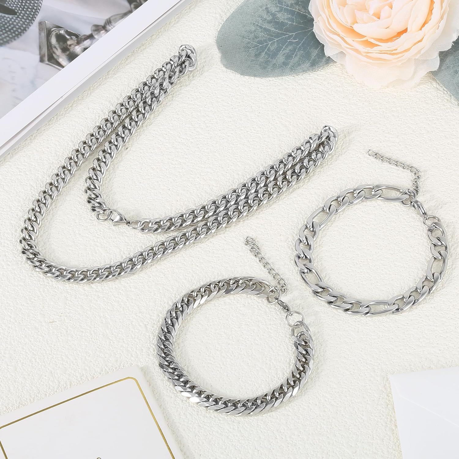 3PCS Cuban Link Figaro Bracelet Necklace for Men, Silver Gold Black Sturdy 316L Stainless Steel Cuban Link Figaro Chain with 2-inch Jewelry Set with Gift Message Card 8mm - Image 6