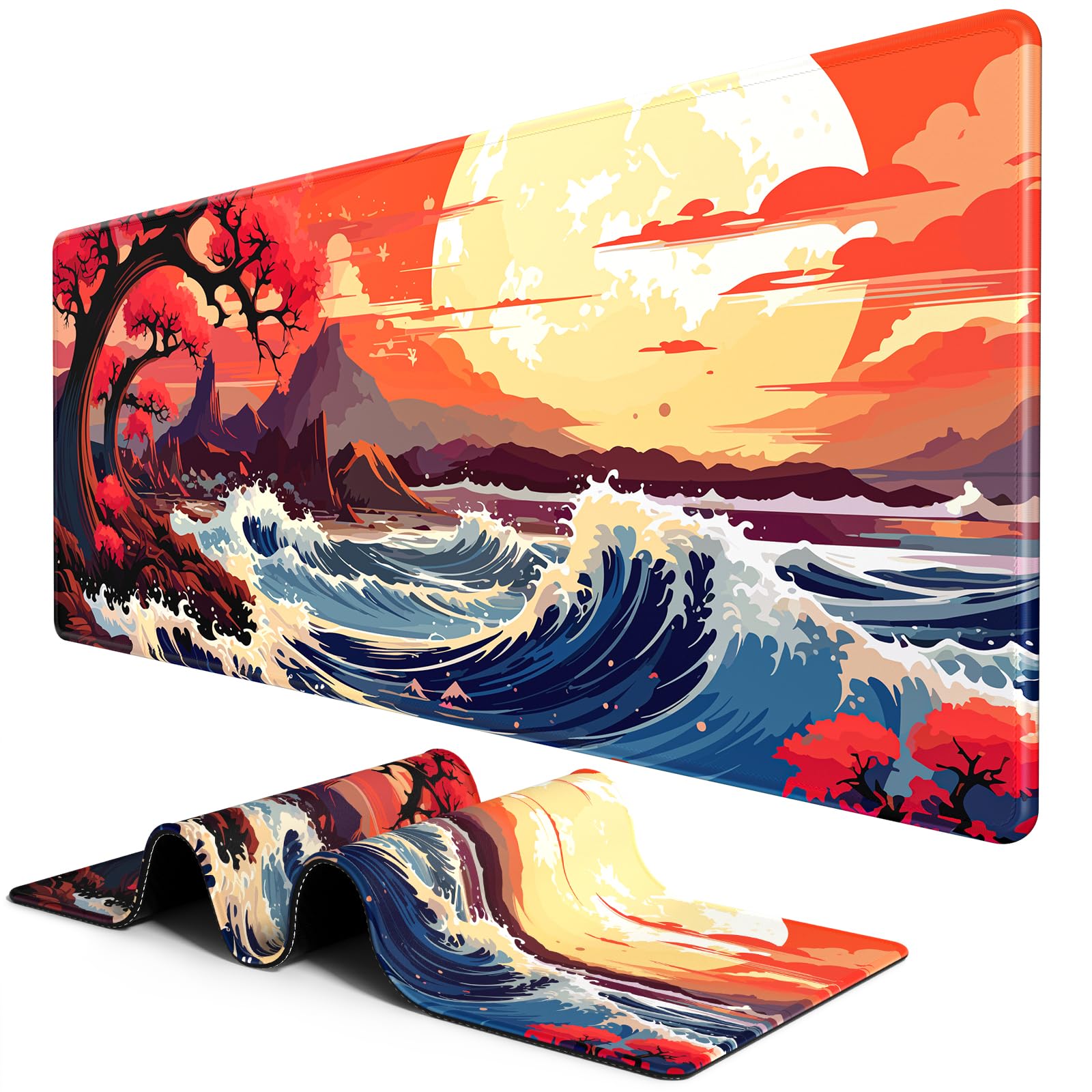 BOSOBO Large Desk Mat, Extended Gaming & Office Home Mat, Long Keyboard Mat, Desktop Full Cover 31.5 x 11.8 Inches, Anime Japan Kanagawa Wave