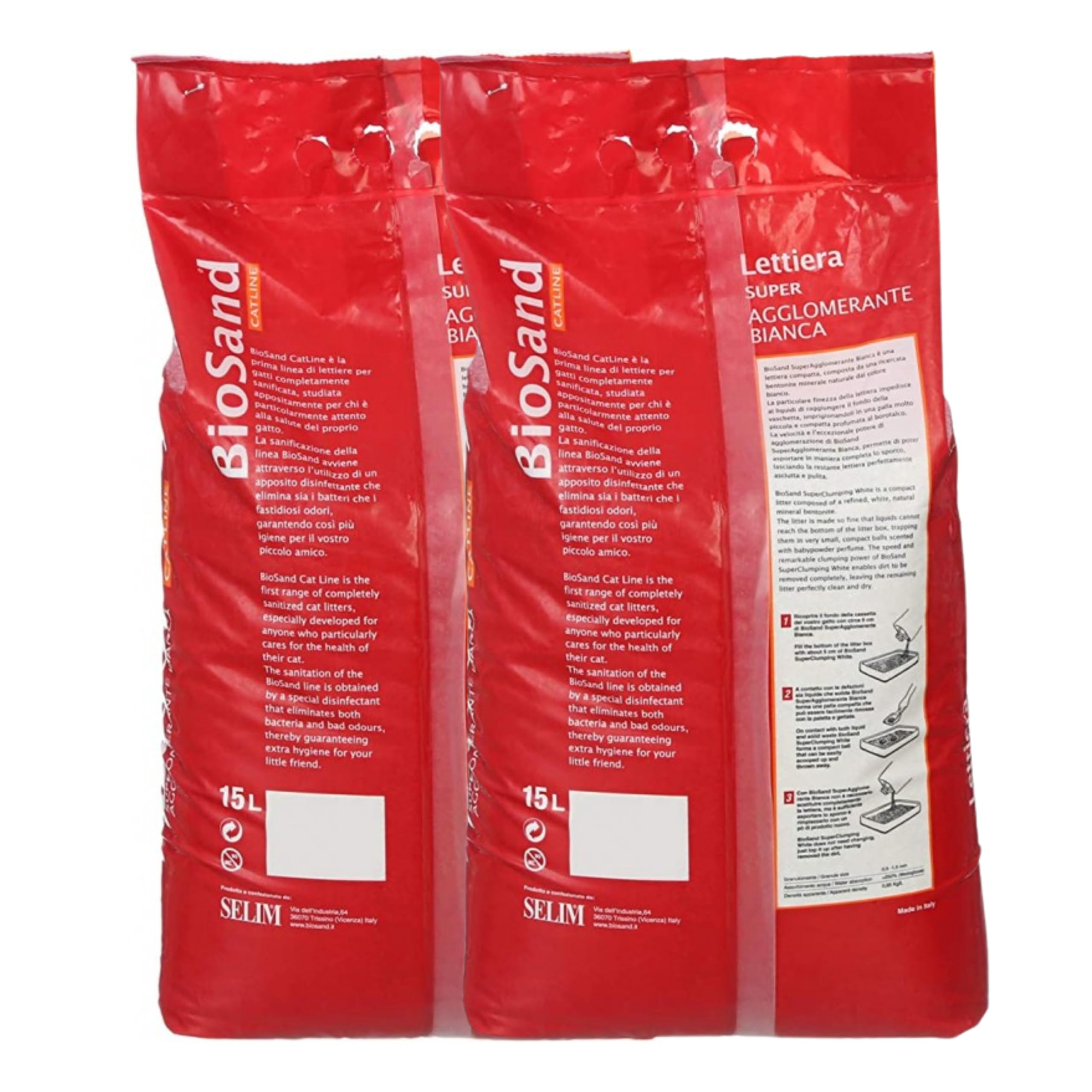 OFFERTA 2 Confezioni BioSand Lettiera Gatto Super Agglomerante Bianca - 15L - Sabbia Bentonite Naturale Sanificata e Profumata al Talco - Granulo Fine, Massima Igiene e Controllo Odori.