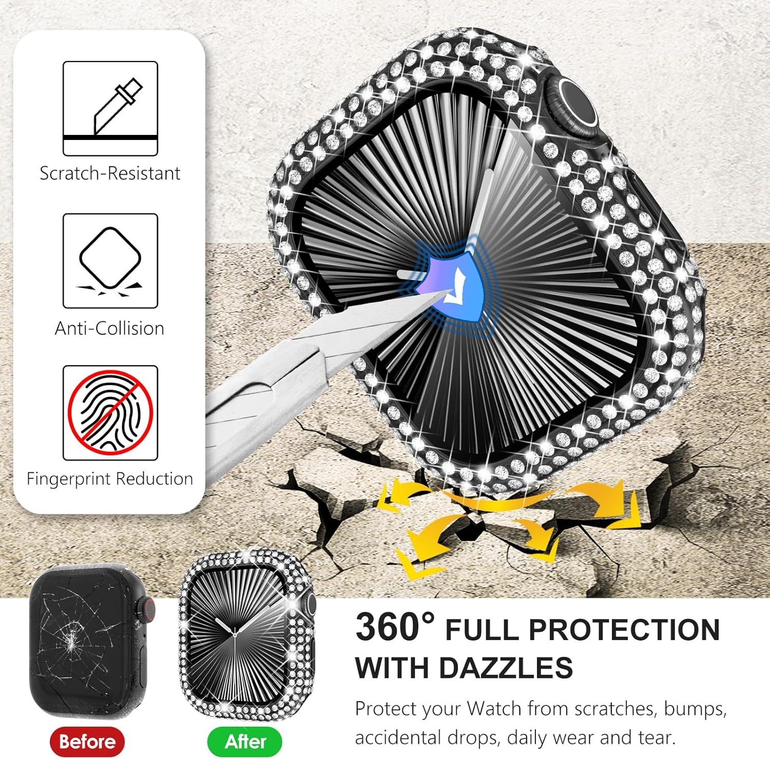 WINGLE 2-in-1 Waterproof Bling Case for Apple Watch 44mm Screen Protector Case SE 3/2/1 Series 6 5 4, Diamond Protective Face Cover Apple Watch 44 mm iWatch Crystal Rhinestone Bumper Women, Black - Image 5