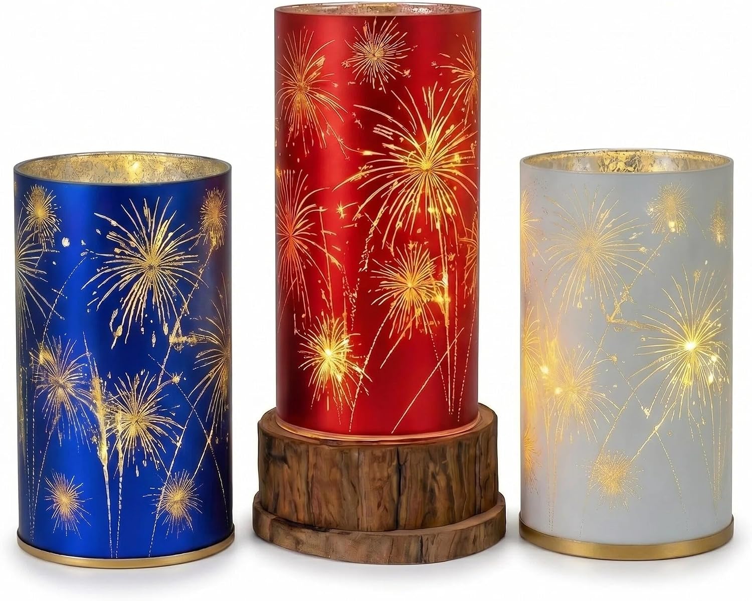 Patriotic Red White Blue Celebration Hurricanes 3 Pack, Firework Starburst Etched Twinkling Lanterns, Glass Candle Holder Centerpieces for Independence Day, Wedding & Holiday Decor