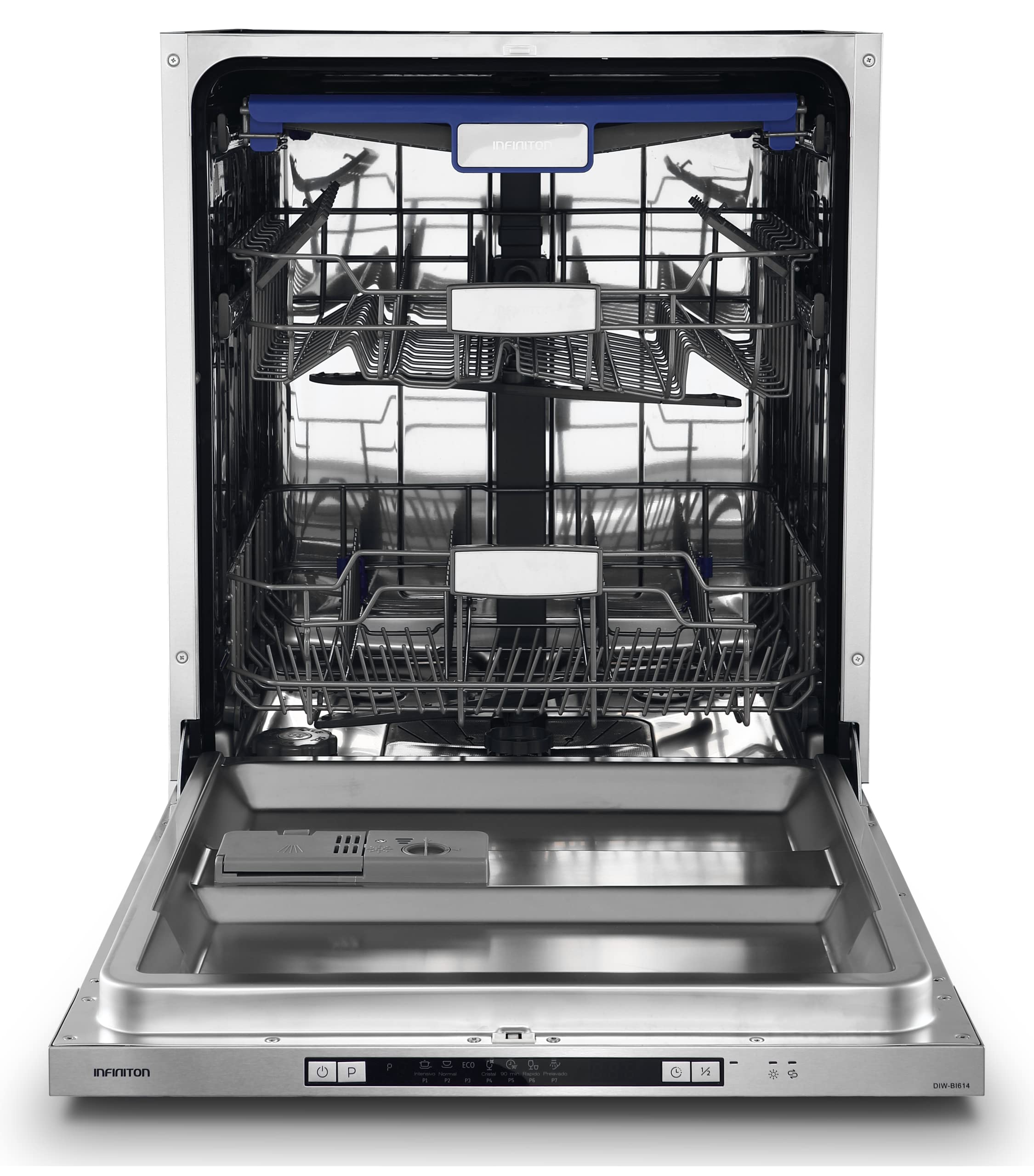 INFINITON DIW-A62E – Lavavajillas integrable, Plata/Inox, 14 servicios, 7 Programas, Tercera Bandeja, Función media carga, Auto Open, Inicio programado