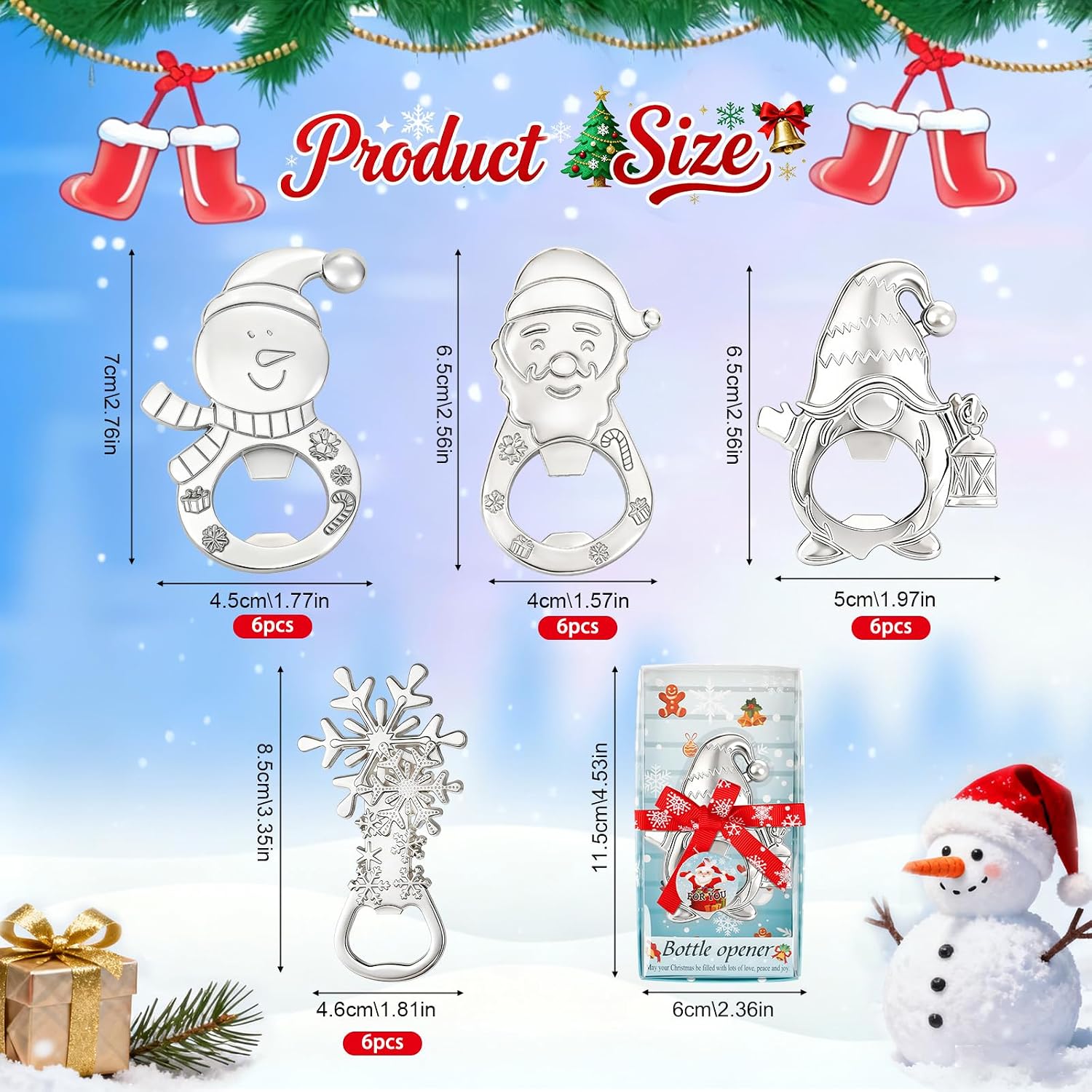 24Pcs 4 in 1 Christmas Beer Bottle Opener Set, Santa Claus Xmas Snowman Gnome Snowflake Bottle Openers with Gift Box, Winter Theme Party Decoration Festive Souvenirs Favors for Guests Coworker Gifts