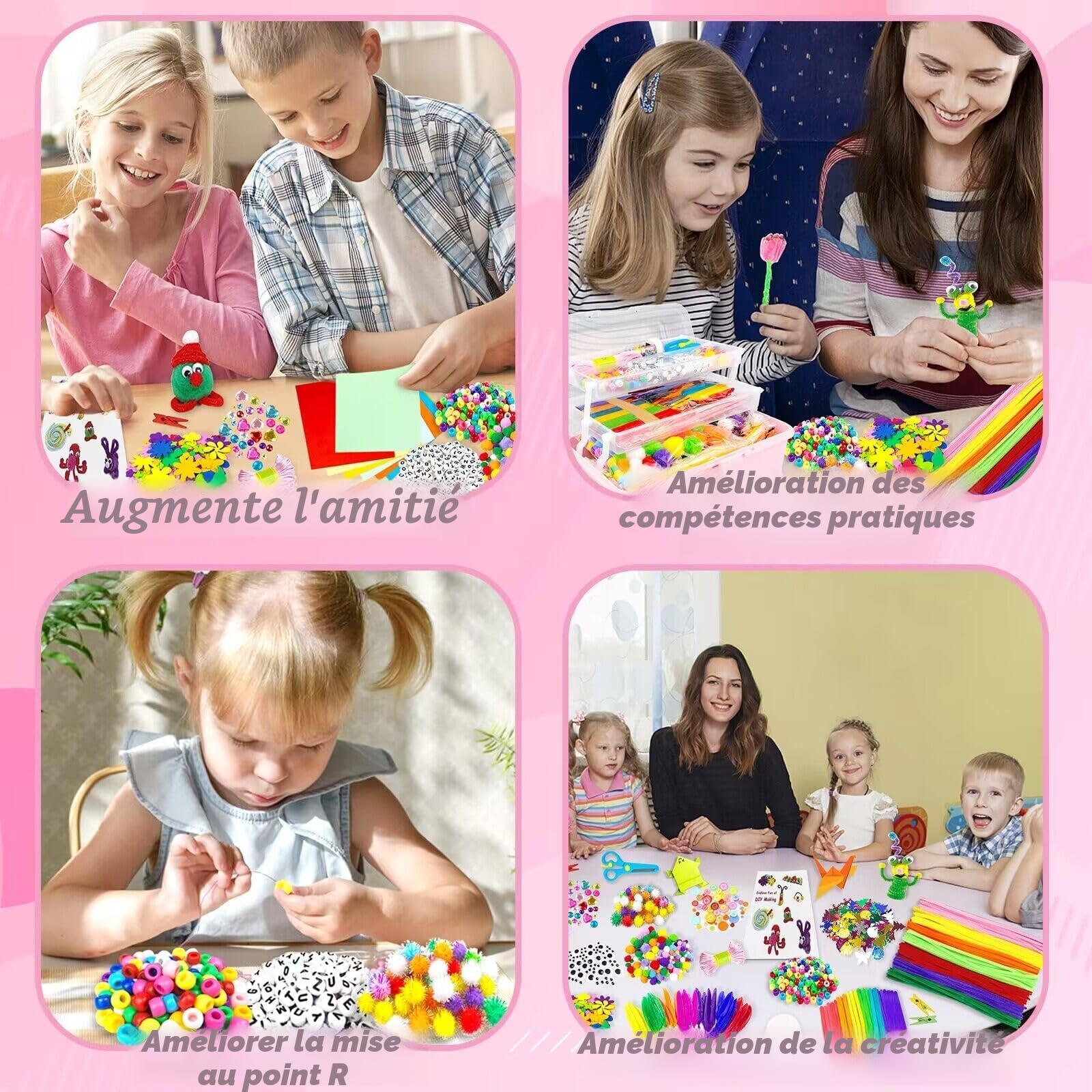 3000 Activites Manuelles pour Enfants Bricolage Enfants Kits de Loisirs Créatifs Boîte de Bricolage à 3 Niveaux avec Pipe Cleaners pour Enfants de 4-6, 6-8, 8-12 ans Cadeaux pour Filles Garçons, Rose
