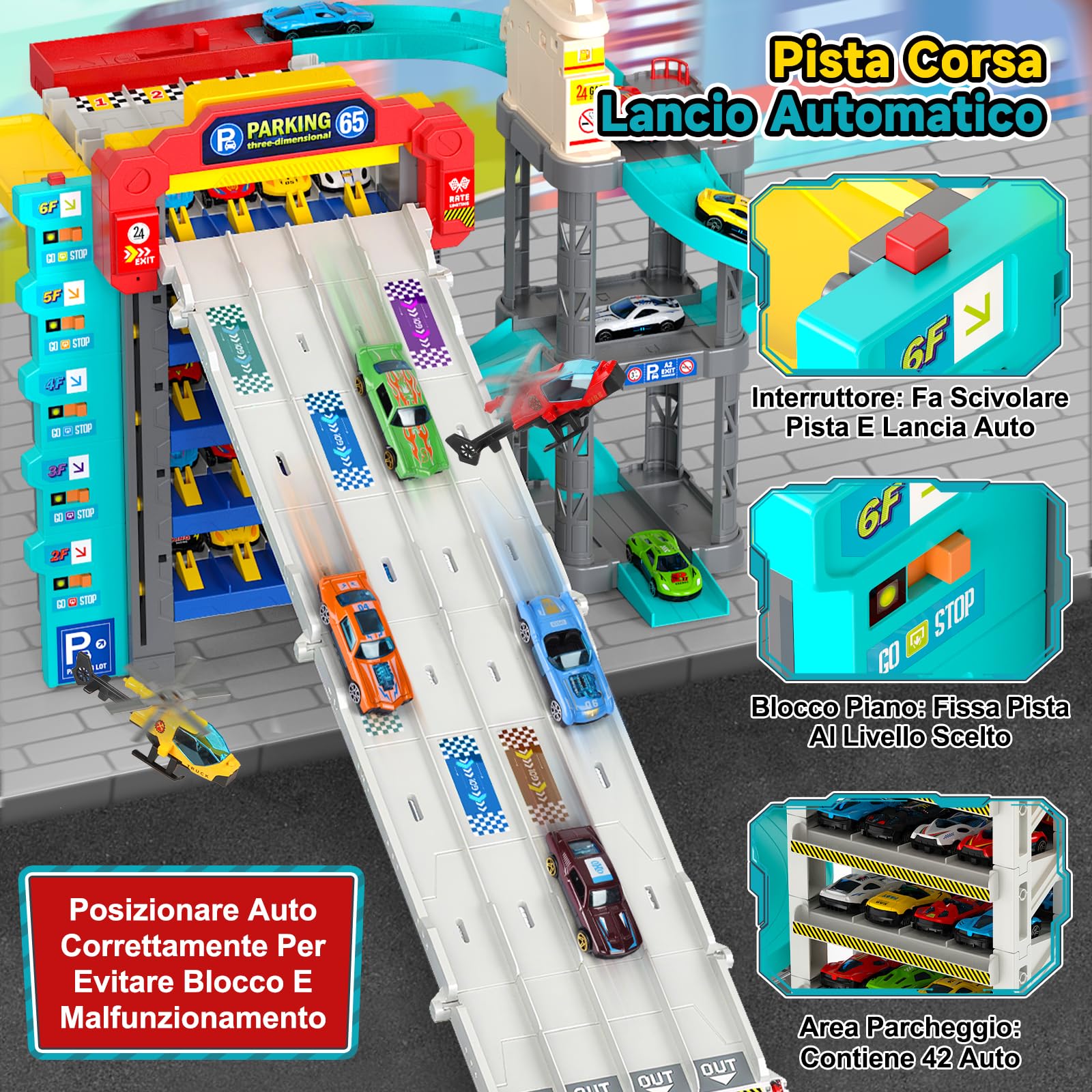 JONRRYIN Macchine Pista Bambini, Piste da Corsa con 5 Piani Garage, Giocattolo Pista Spirale con 12 Auto in Lega e 2 Aereo per Bambin 3+ Anni, Stazione di Servizio con Pompa di Benzina