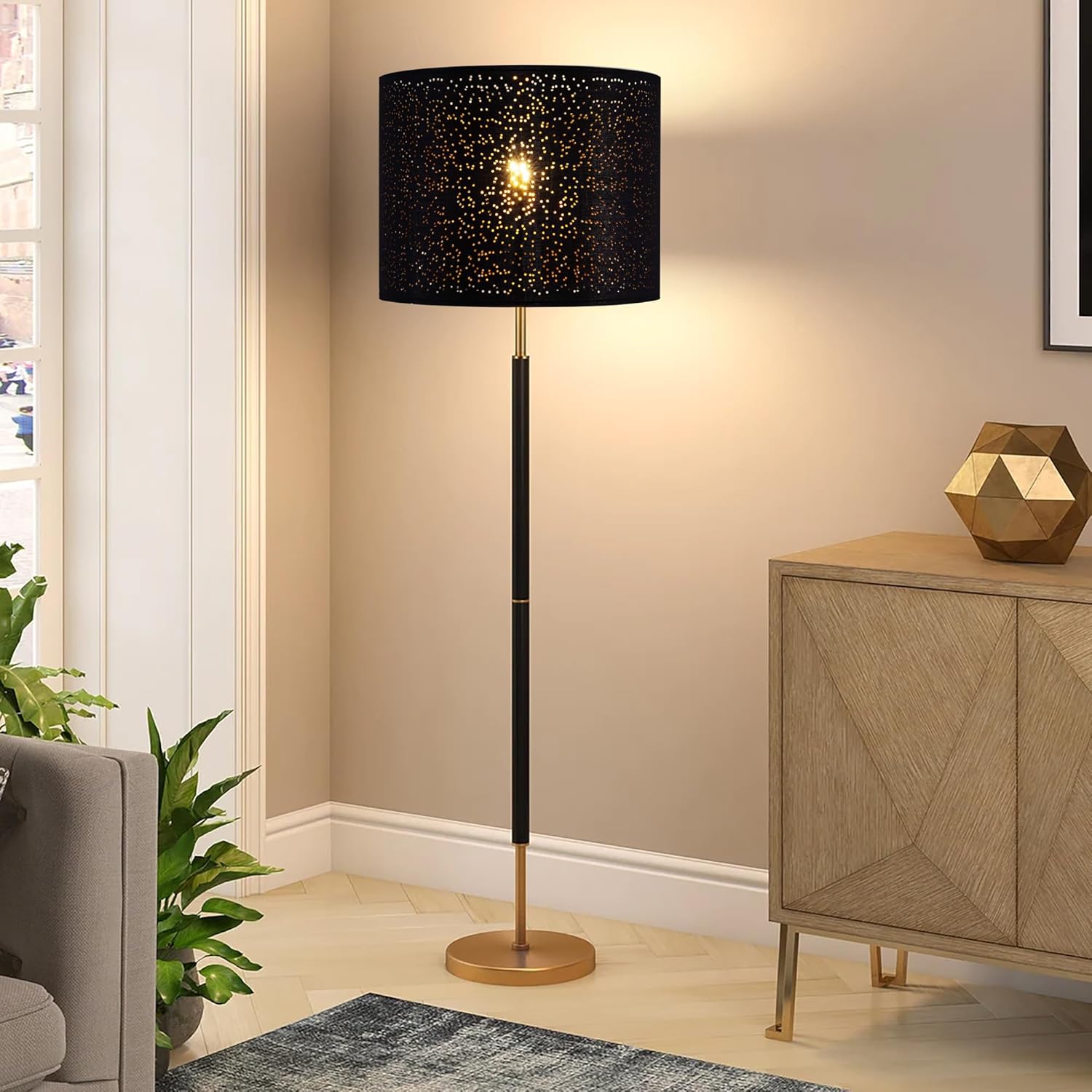 Wellmet Blackgold Drum Lampshades, Easy Assembly Required Replacement Lamp Shades, Fabric Lampshades for Table Lamps Floor Lamps, Metal Spider Fitter, 16"x16"x12"