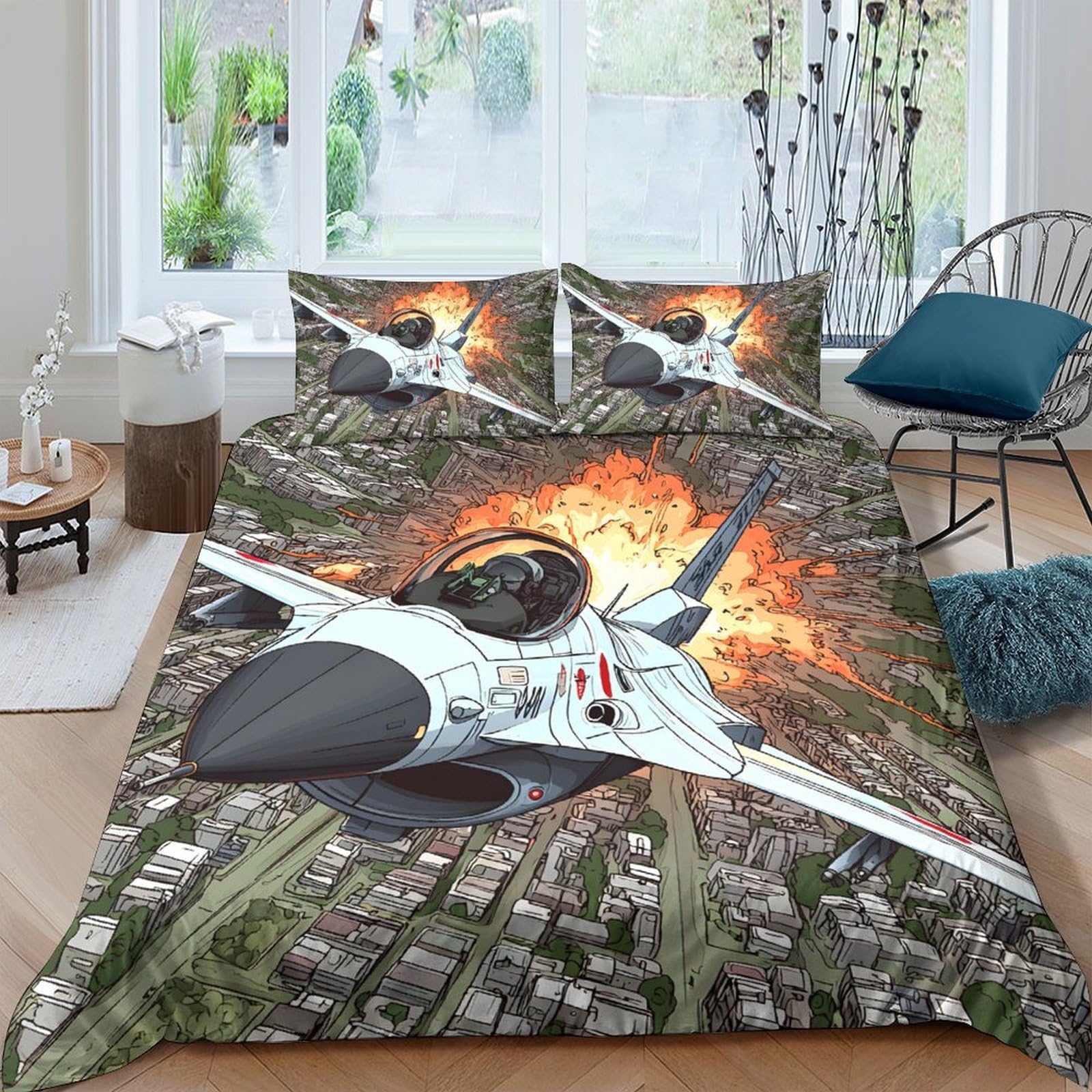 Ctjqhvkz Style-3 3D Printed Fighter Jet Explosion Fitted Sheet Microfiber Soft Breathable Cityscape Bed Cover For Bedroom Decor Single（135X200cm）