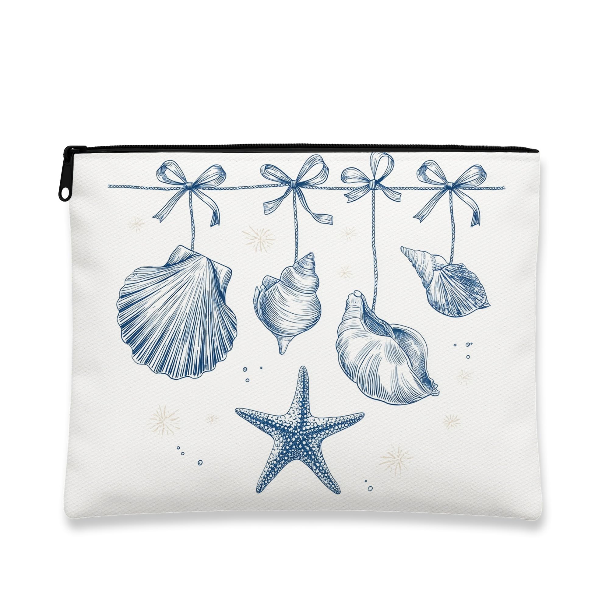 Nautical Makeup Bag, Marine Shells Ocean-Inspired Cosmetic Travel Pouch for Women, Portable Small Canvas Zipper Organizer, Beach Gift Toiletry Bag,