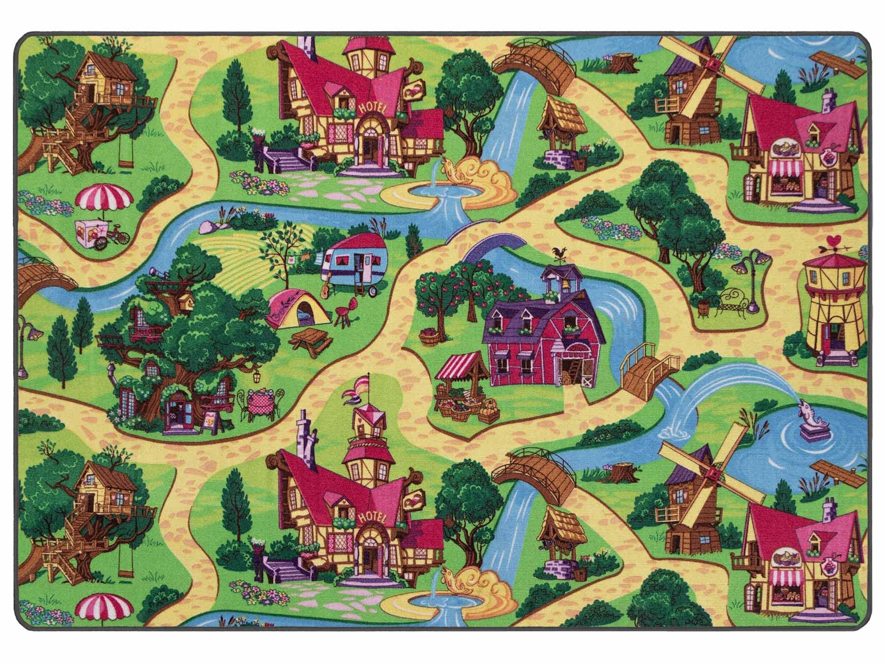 Primaflor Kinderteppich CANDY TOWN rosa 160 x 200 cm Interaktiver Straßenteppich mit Märchenkulisse, kurzflorige Kindermatte mit Straßen und Flüssen, CE geprüft, pflegeleicht, Fußbodenheizung geeignet