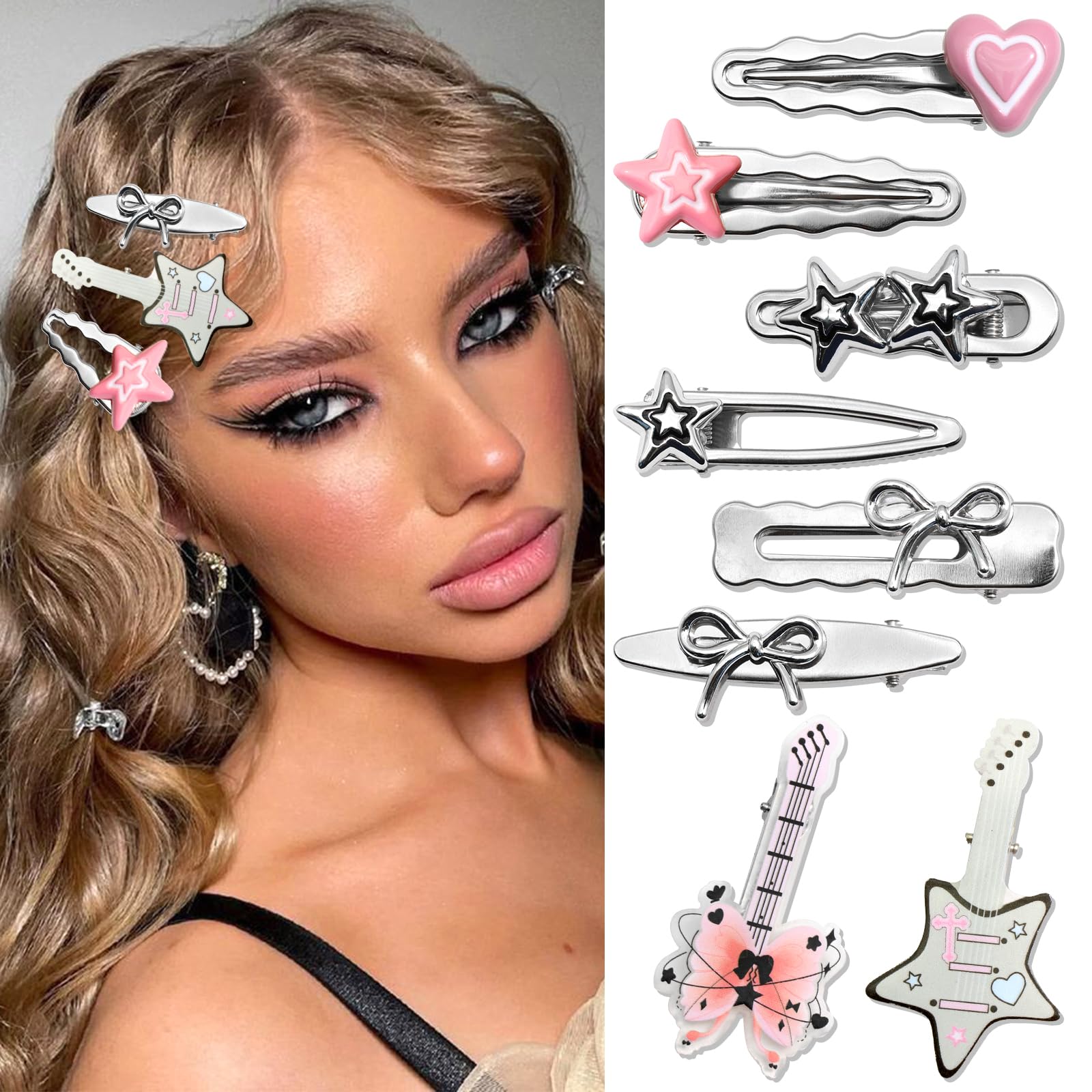 SAWINDA 8PCS Y2K Star Hair Clips Pink Heart Bow Hair Clips Barrettes Butterfly Guitar Goth Accessories Hairpins Silver Metal Non-Slip Alligator Clips
