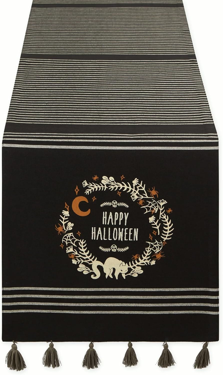 DII Halloween Table Runner, Spooky Wreath Design with Tassels, 14 x 72 Inches, Black Cotton