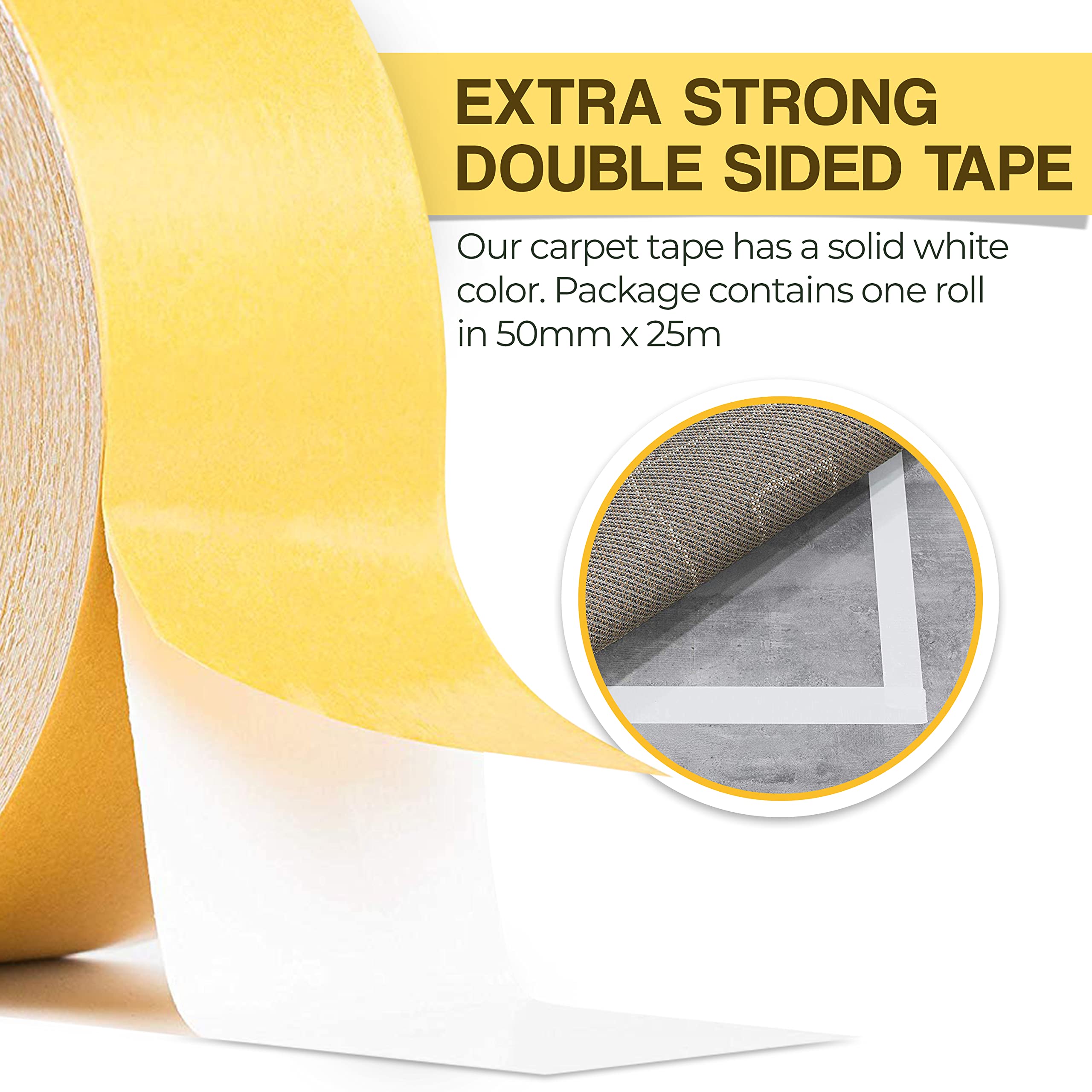 Sanojtape Ruban à Tapis Original de 50mm x 25m (Lot de 3) Extra Fort Double Face Ultrarésistant pour Tapis, Carpettes, Paillassons & Intérieurs