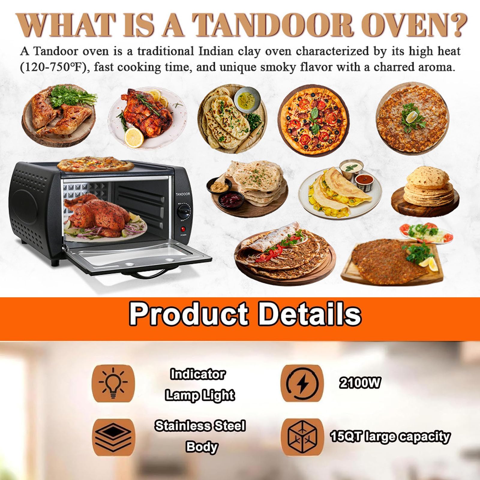Elektrischer Tandoor-Ofen mit Sichtglastür und Kochplatte, 2100 W, 15 l, 2-in-1-Pizza- und Tandoori-Maker for Zuhause und for Mitnehmen