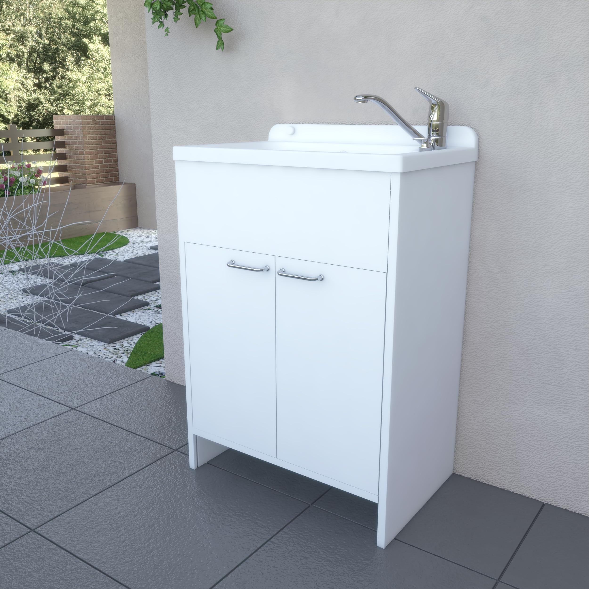 Negrari Lavatoio Salvaspazio in Resina PVC, Resistente all'umidità, Vasca resistente agli acidi di uso comune, Kit di scarico con pilettone in metallo, L58 x P38 x H85 cm, Bianco