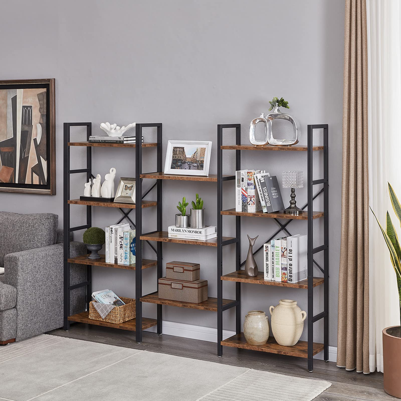 SUPERJARE Triple Wide 4 Tier Bookshelf Industrial Modern Wood Rustic