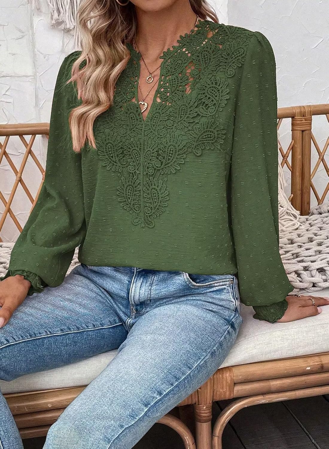 Womens Tops Swiss Dot Boho Long Sleeve Shirts V Neck Casual Chiffon Blouses Flowy Lace Hem Cute Clothing Trendy 2026 - Image 3