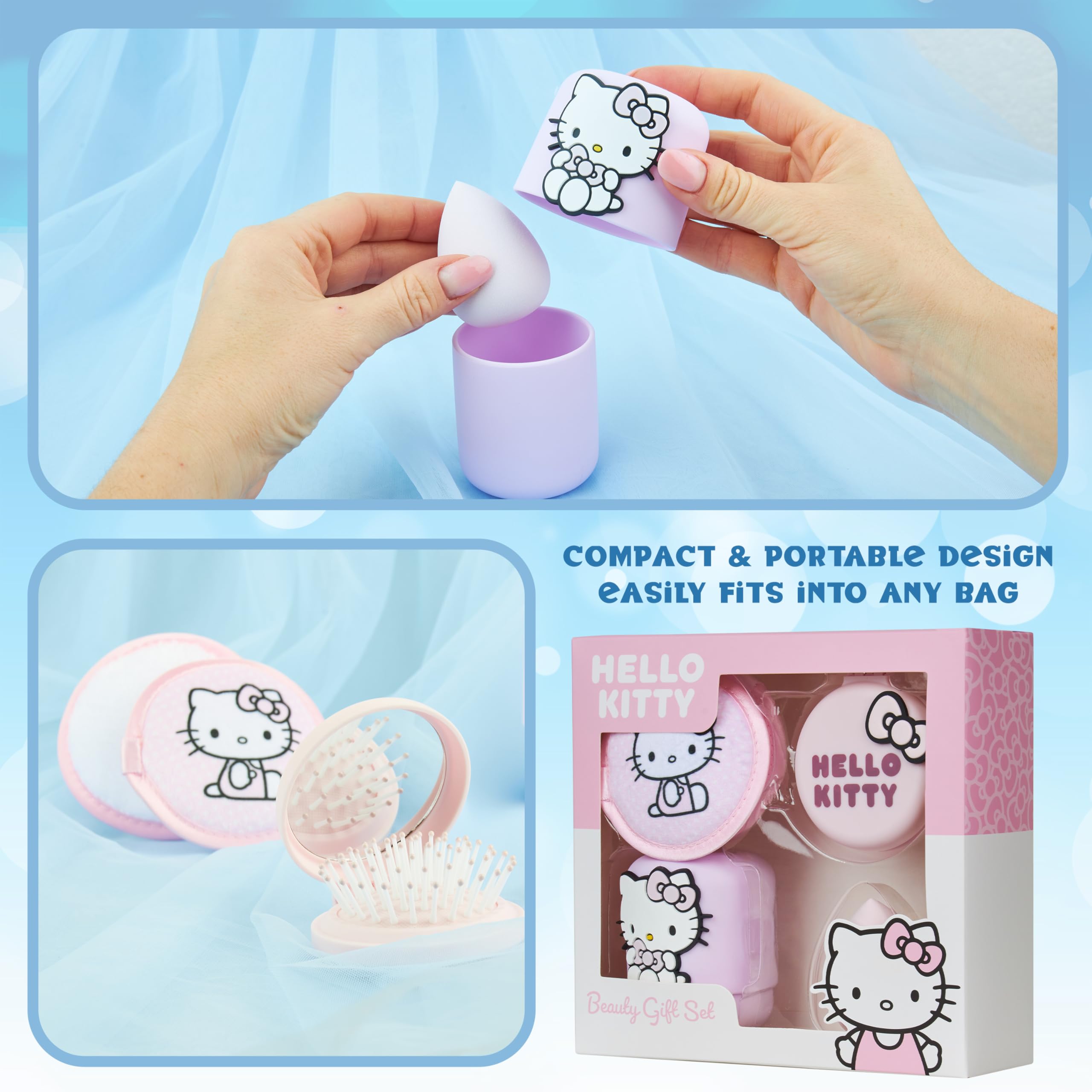 Hello Kitty Sanrio Set Beauty Ragazza, Mini Spazzola Capelli con Specchio, Spugnetta Trucco, Lavabile Dischetti Struccanti, Regali per Lei