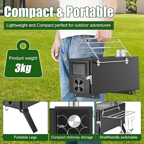 Miniatura 4 de Qivine Estufa de leña portátil, sin fugas de humo y fácil de instalar, estufa plegable negra caliente, limpia y compacta, estufa de leña con