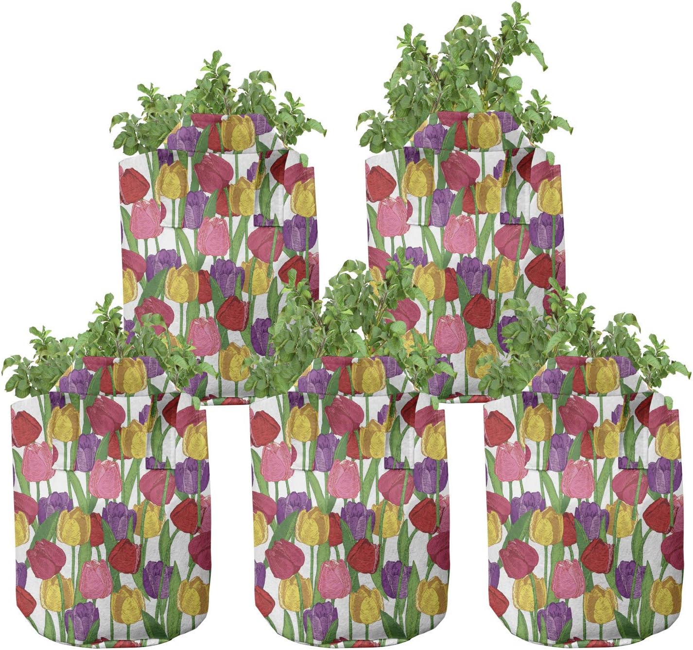 Lunarable Tulip Grow Bags 5-Pack, Repeating Flower Pattern, Heavyduty Fabric Pots with Handles for Plants, 7 Gallon, Multicolor