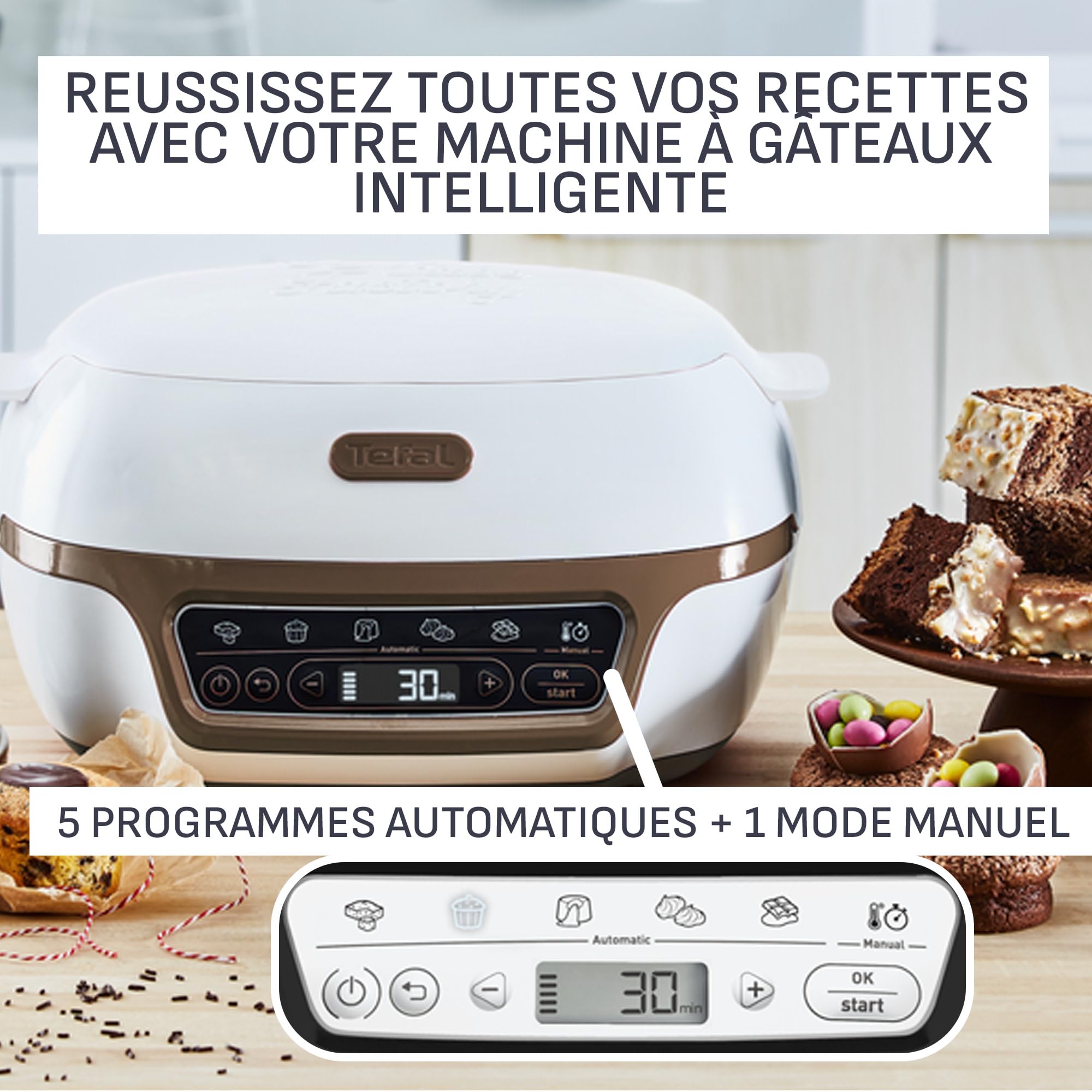 Tefal Cake Factory, Four à gâteaux intelligent, 5 programmes auto + mode manuel, Moules madeleines et donuts inclus, YY5726FG