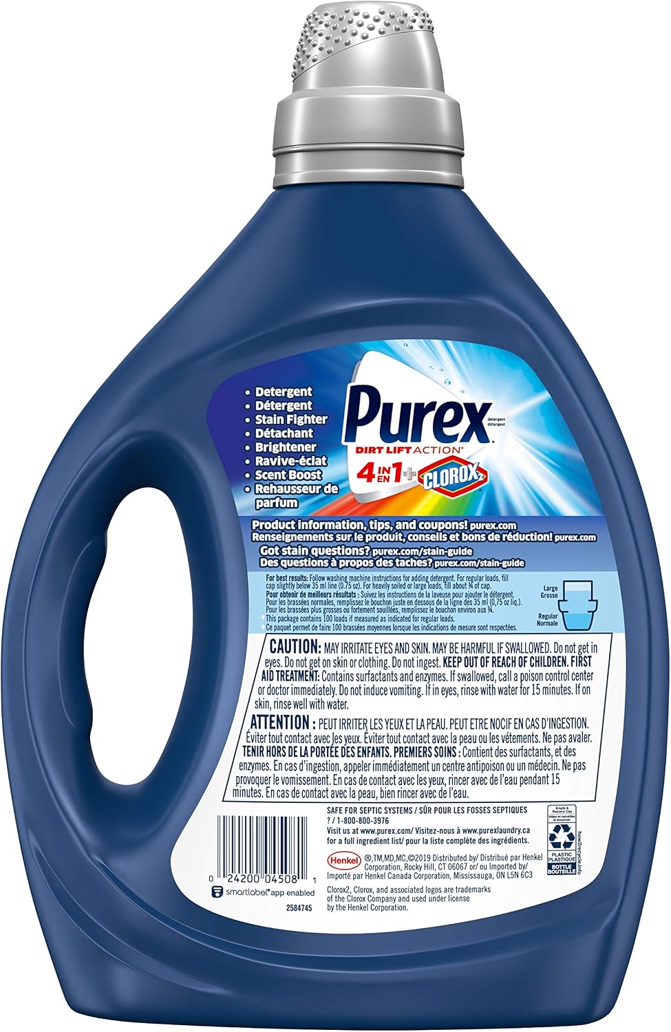 Purex Liquid Laundry Detergent, 4in1 Plus Clorox2, 2X Concentrated, 100 Loads - 75 Ounce Pack of 2