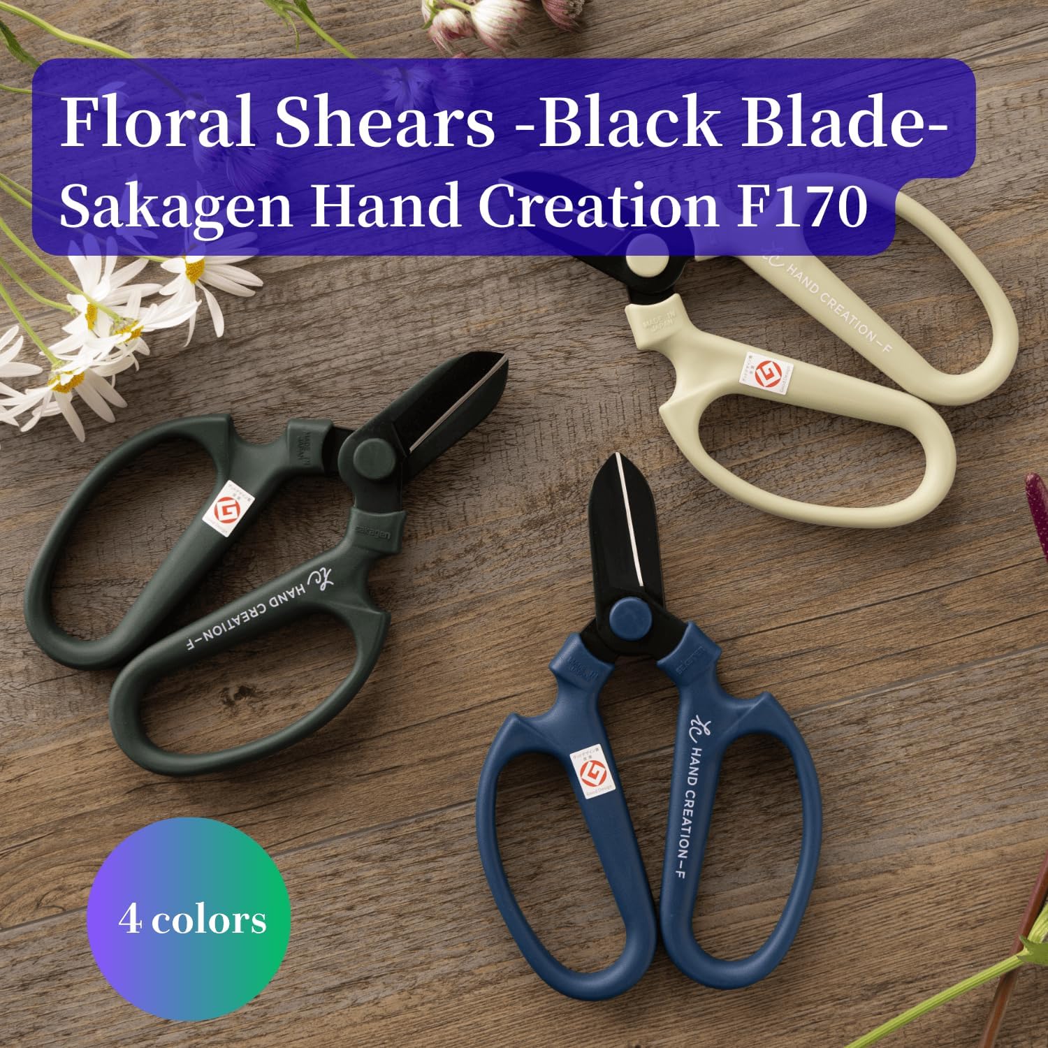 Japanese Floral Scissors Black Blade – SAKAGEN Hand Creation, Premium Fluorine-Coated Anti-Wear Shears, Made in Japan, Flower Shears for Floral Design, ikebana & Gardening, F-170 (Royal Purple)