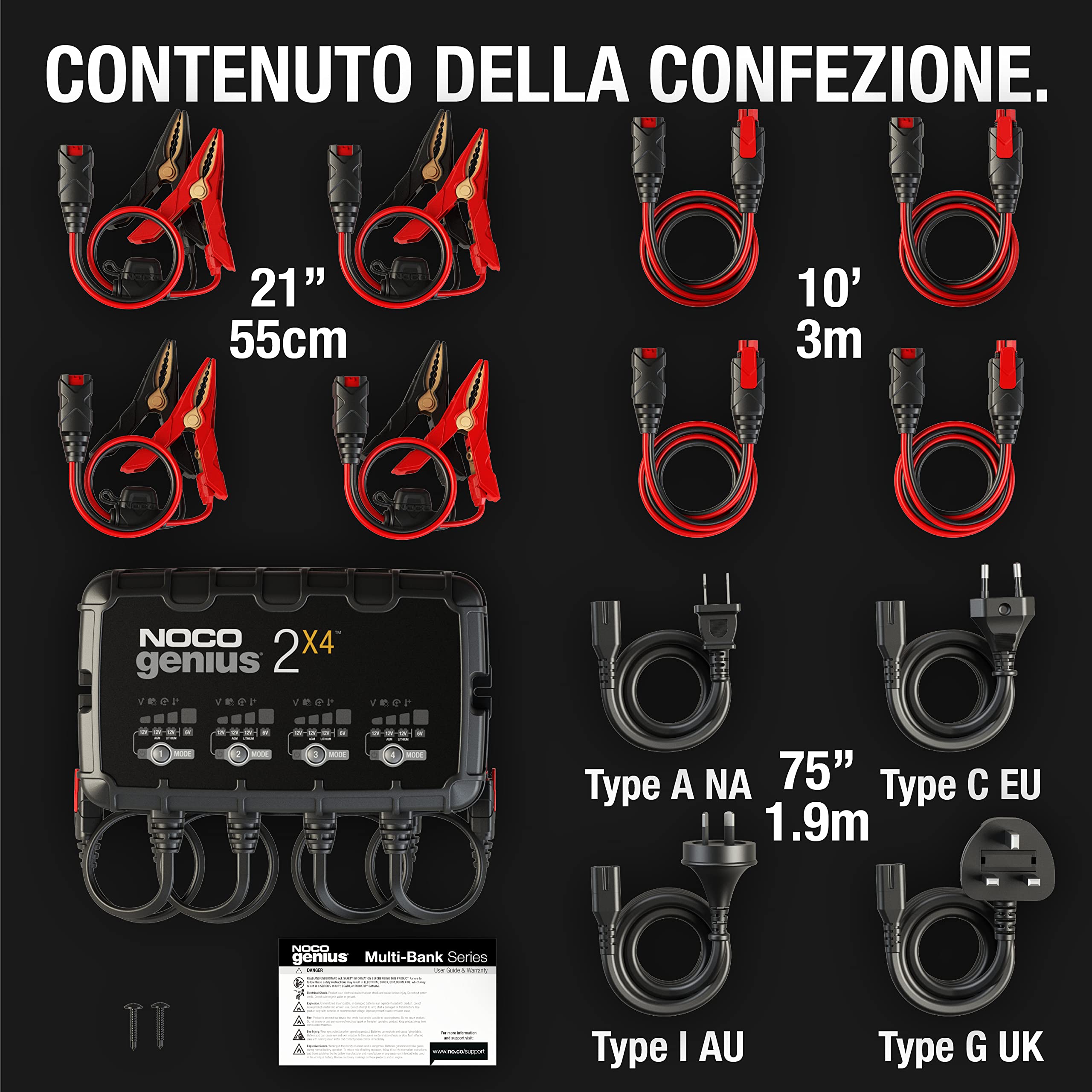 NOCO GENIUS2X4: Caricabatterie Intelligente 8A 4 Canali (2A/Canale) 6V/12V – Mantenitore di Carica e Desolfatatore con Protezione da Sovraccarico e Compensazione Termica – Per Batterie Piombo e Litio