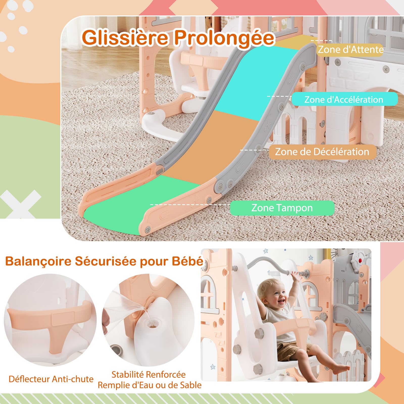 COSTWAY 10 en 1 Toboggan Enfant Pliable en HDPE avec Balançoire & Panier de Basketball, Aire de Jeux Intérieure avec Télescope & Volant & Échelle, Espace de Rangement pour Tout-Petits de 1 an+ (Rose)