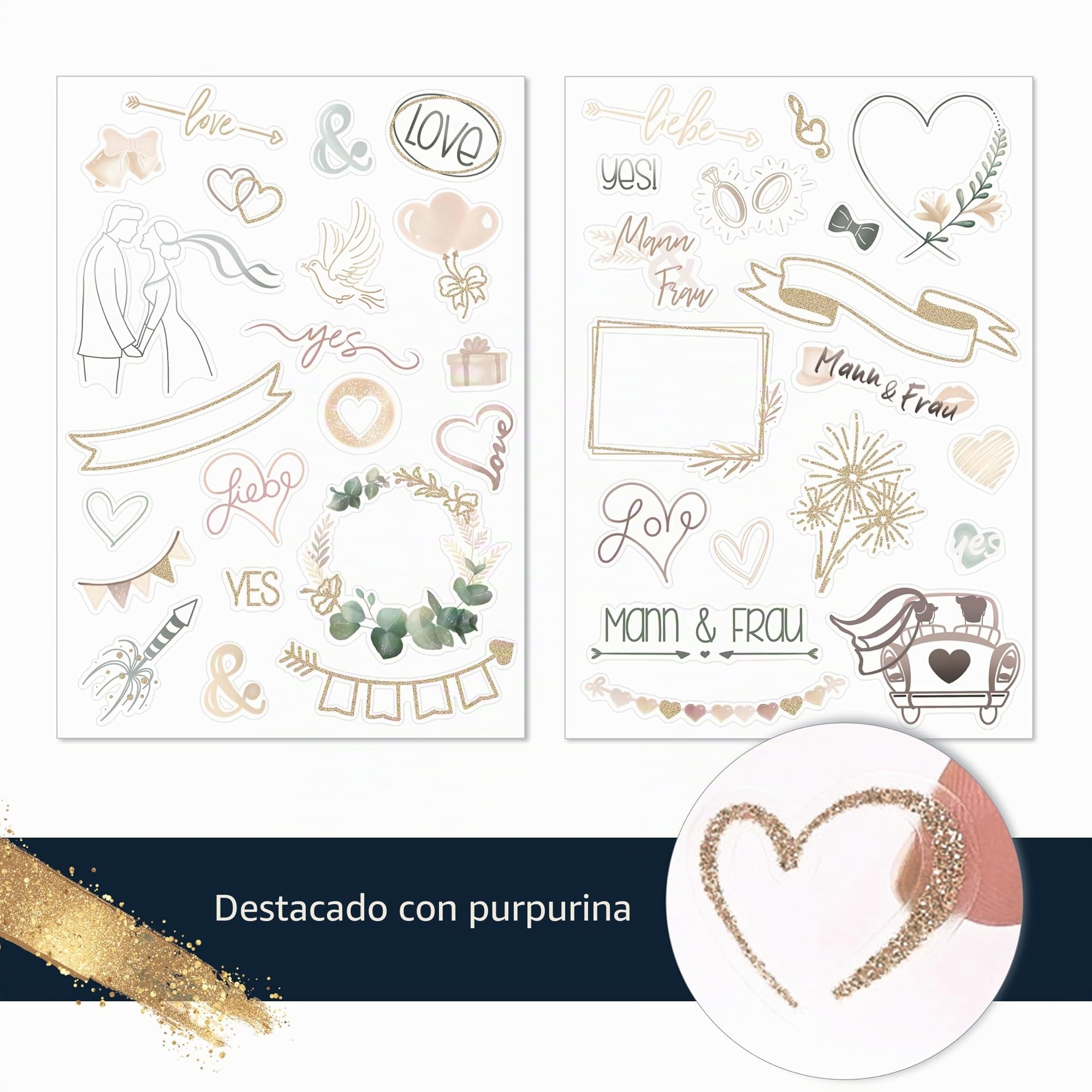 WEDDLYN® – Pegatinas para boda – 180 pegatinas para libros de invitados – Diseños inspiradores – Set perfecto para álbumes de fotos de boda – Colores pastel con purpurina (beige)