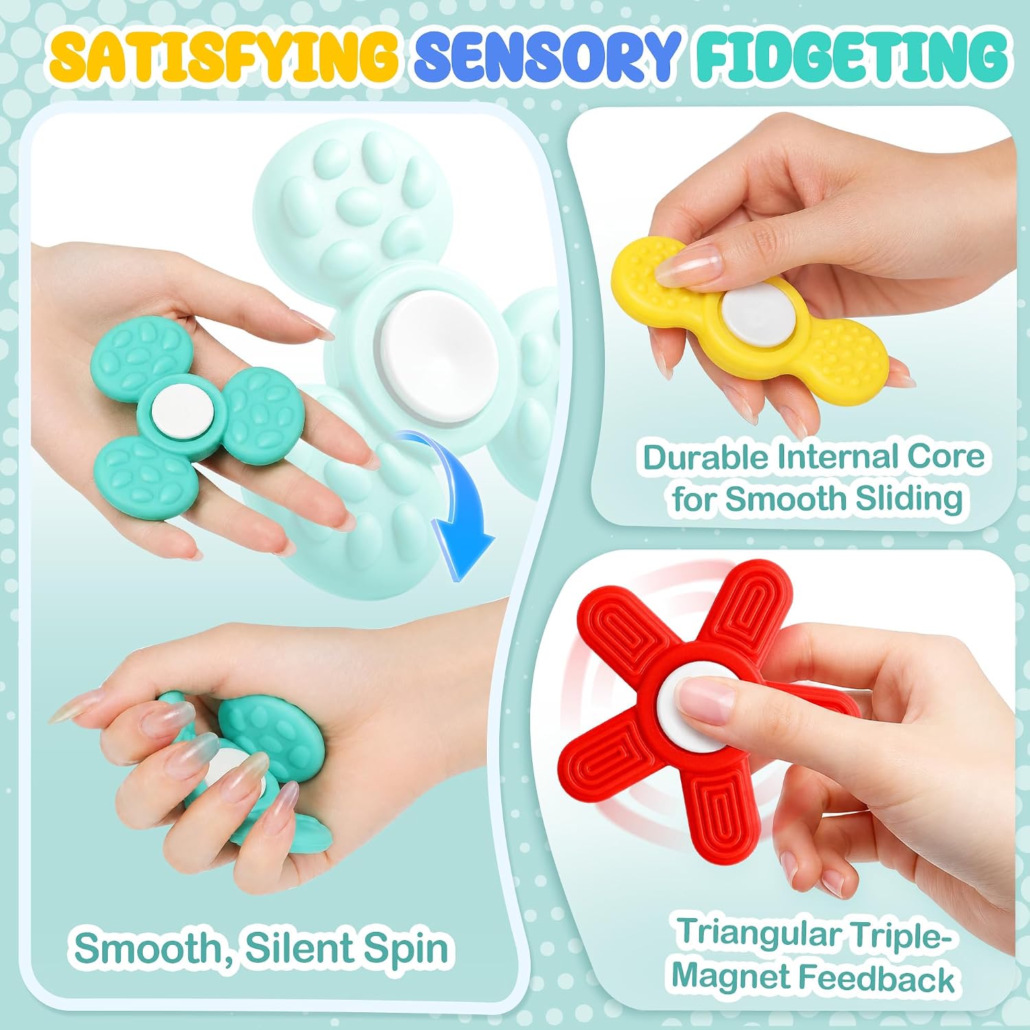 Silicone Sensory Fidget Spinner 4 Pack, Quiet Textured Fidget Toys with Soft Silicone Surface, Sensory Toys for Kids and Adults, Calm Focus Toy for Classroom, Office and Travel