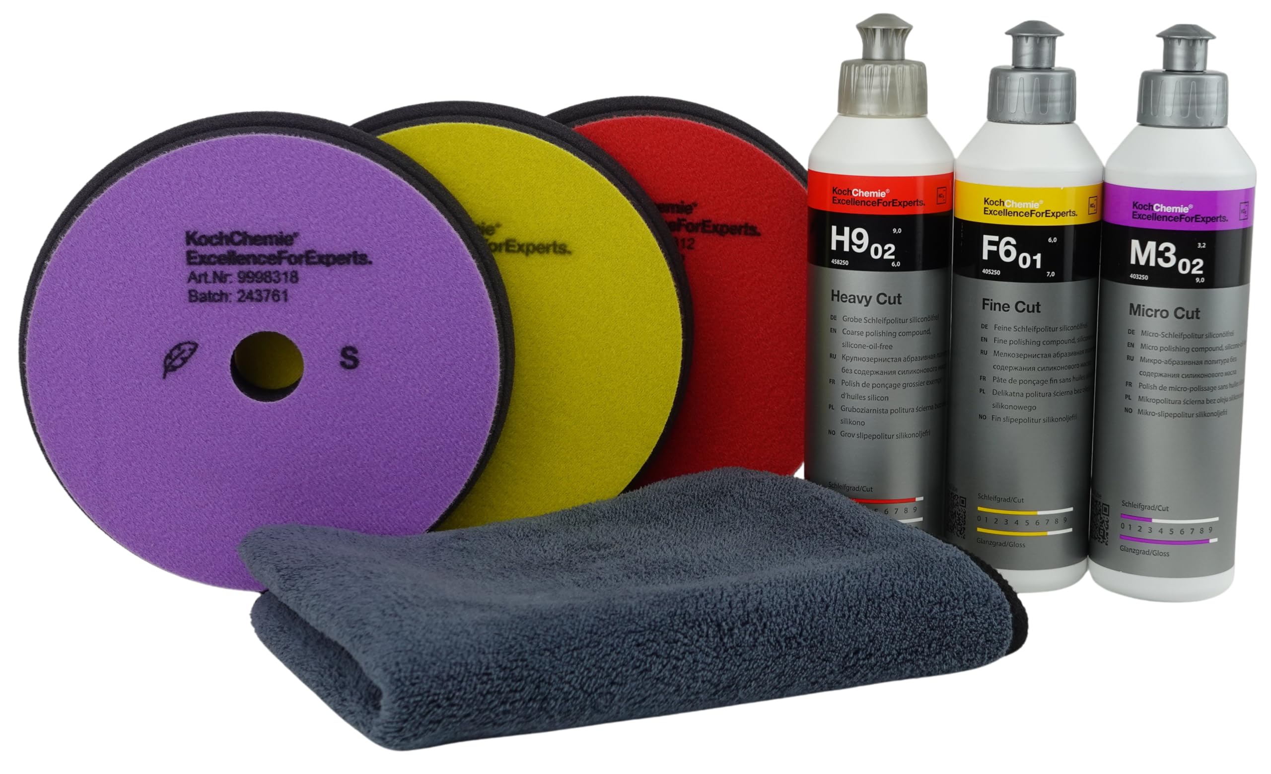 ADVANTUSE - Koch Chemie Politur Set Neue Pads (2024) 25mm Höhe (3x Politur 250ml + 3x Pad 150mm)