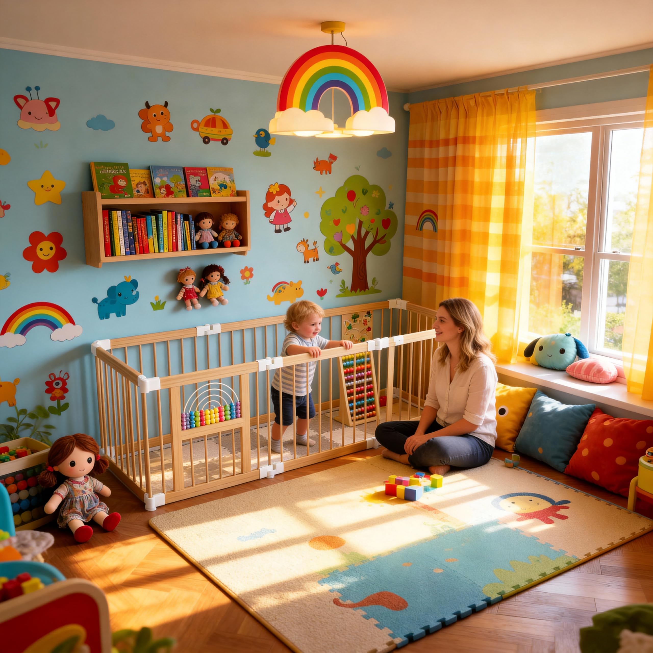 UISEBRT XXL Parc pour bébé en bois avec 2 centres de jeu, taille et forme ajustables, parc avec double sécurité, pliable, parc pour bébé avec 8 éléments, clôture de séparation pour bébés et jeunes