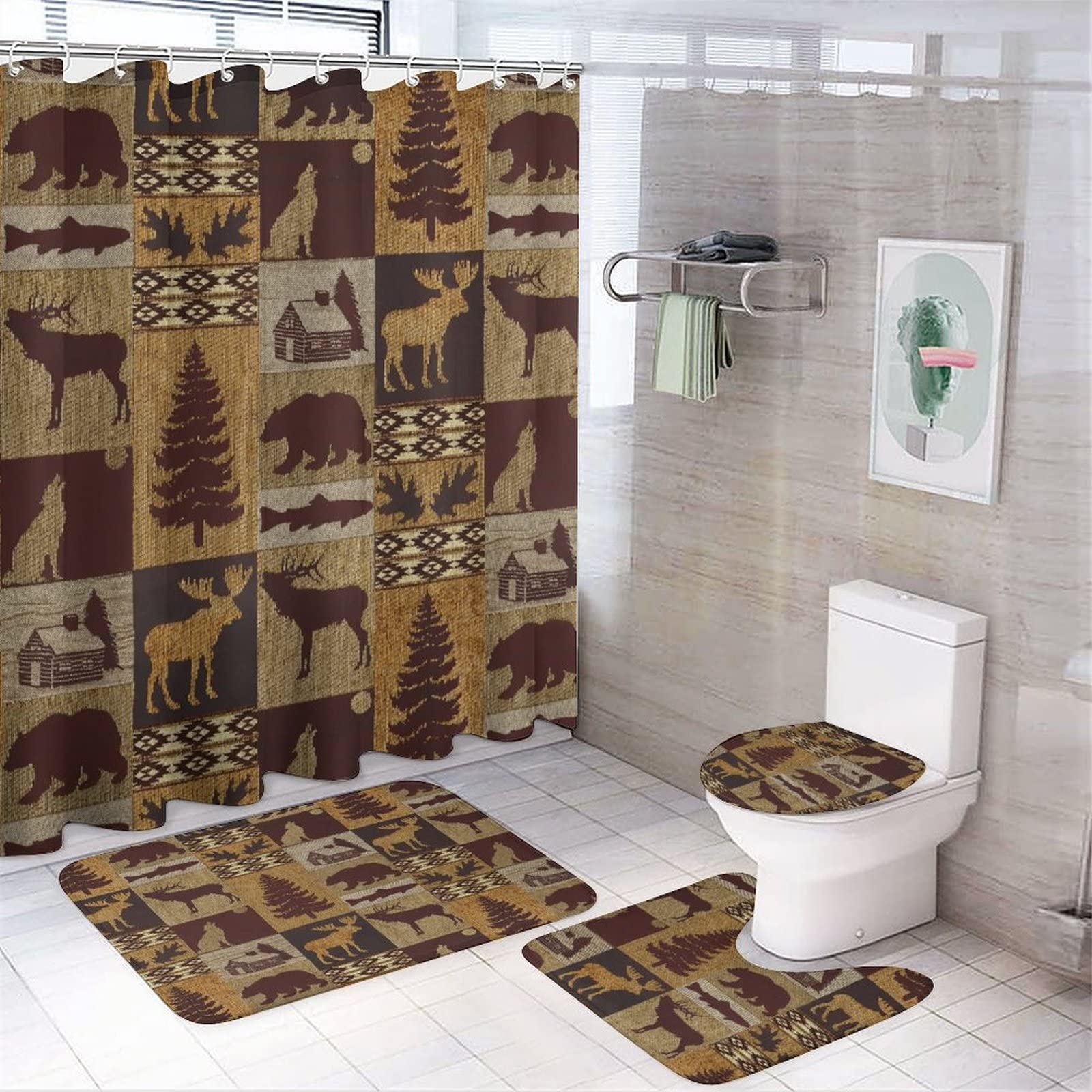 Ensemble Salle De Bain Litabel - Rideau Douche 183x183cm + Tapis - Motif Ours Cerf - 4 Pièces