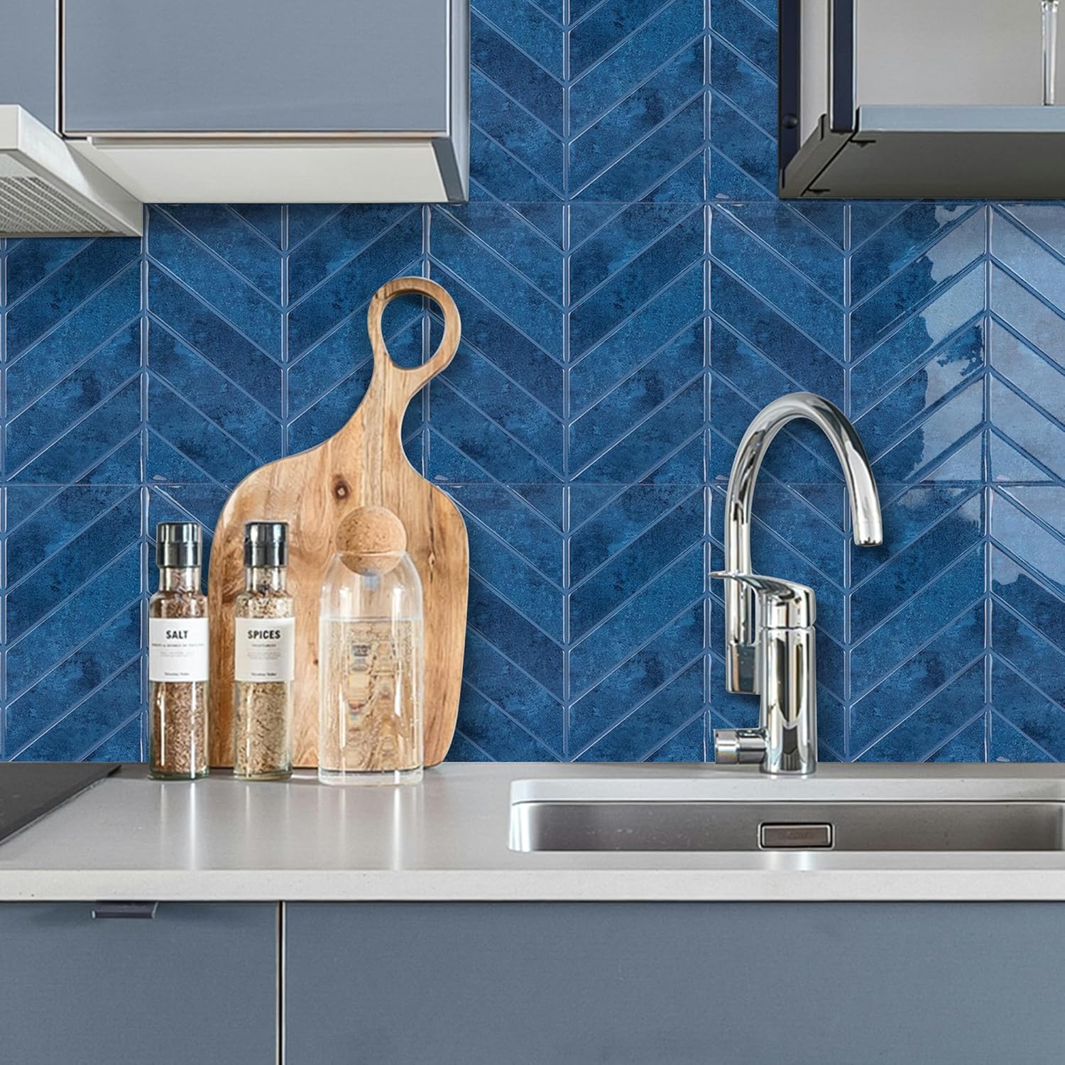 5 Pack Peel and Stick Backsplash Chevron Tiles, Extra Thick 3D Wall Panels, Heat & Water Resistant, Easy DIY Kitchen, Bathroom, Laundry, Fireplace & Rental Home Wall Décor (12 x 12 in), Blue