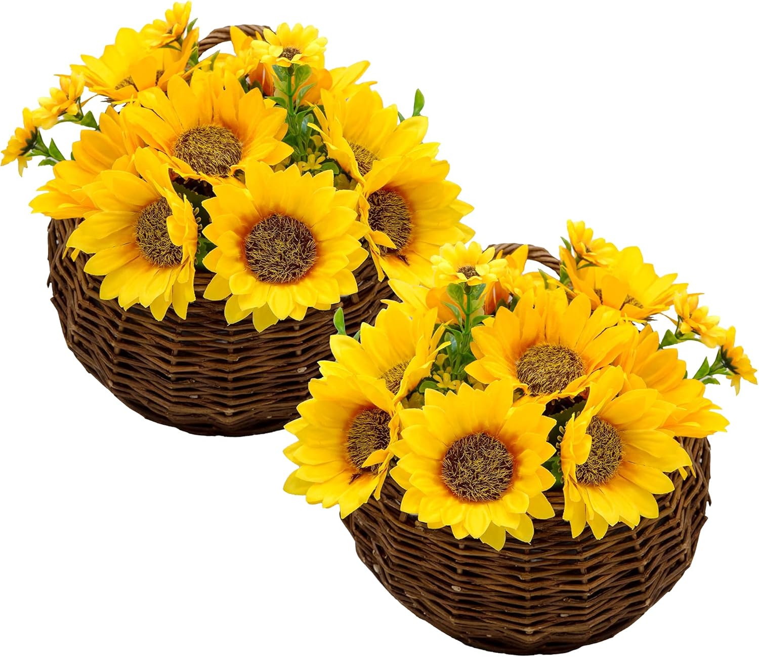 Tapeera 2-Pack Artificial Sunflower Wall Decor (Baskets Included) - Hanging Hand Woven Basket - Faux Sunflower Kitchen Decor - Fake Sunflower Decor for Kitchen - Sunflower Bathroom Decor Wreath Décor