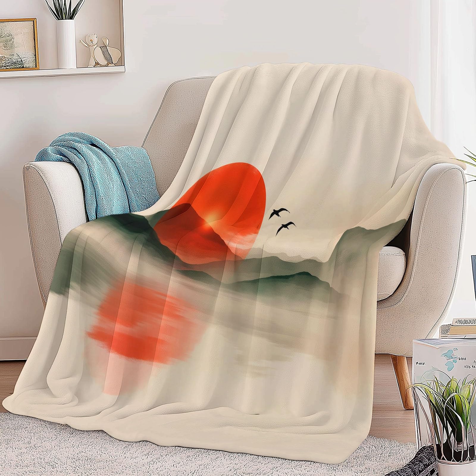 Koc Sherpa 180 x 200 cm minimalistyczny krajobraz pled ciepły i wygodny koc puszysty kremowy dwustronny przyjazny alergikom na krzesło sofa łóżko biuro