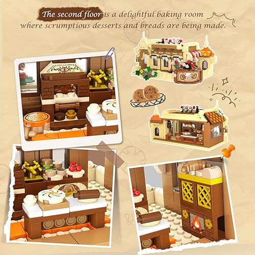 Miniatura 4 de City Bakery Cafe House - Juego de construcción de casa con luz, 1289 piezas de juguetes de bloques de construcción con pastel de café, pan, sala de