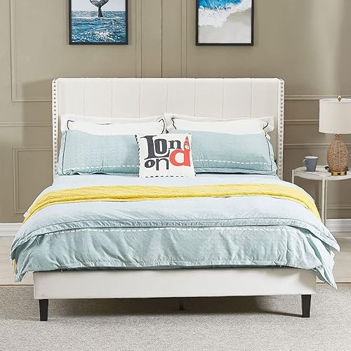 Miniatura 3 de Livavege Base de cama tamaño Queen tapizada con cabecera y base de colchón de listones de madera fuertes, antideslizante y sin ruido, marco de cama