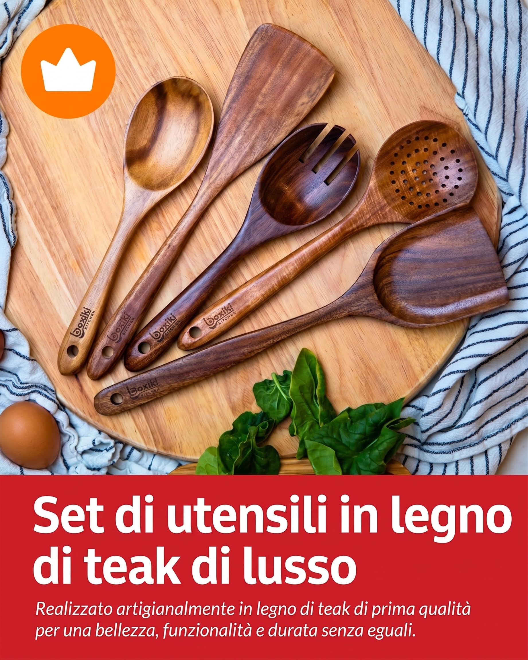 Set di Utensili in Legno di Teak di Lusso - Elegante Ensemble da Cucina da 6 Pezzi Inclusi Cucchiai, Mestolo, Raschietto & Spatola - Realizzato con Maestria per l'Eccellenza Culinaria