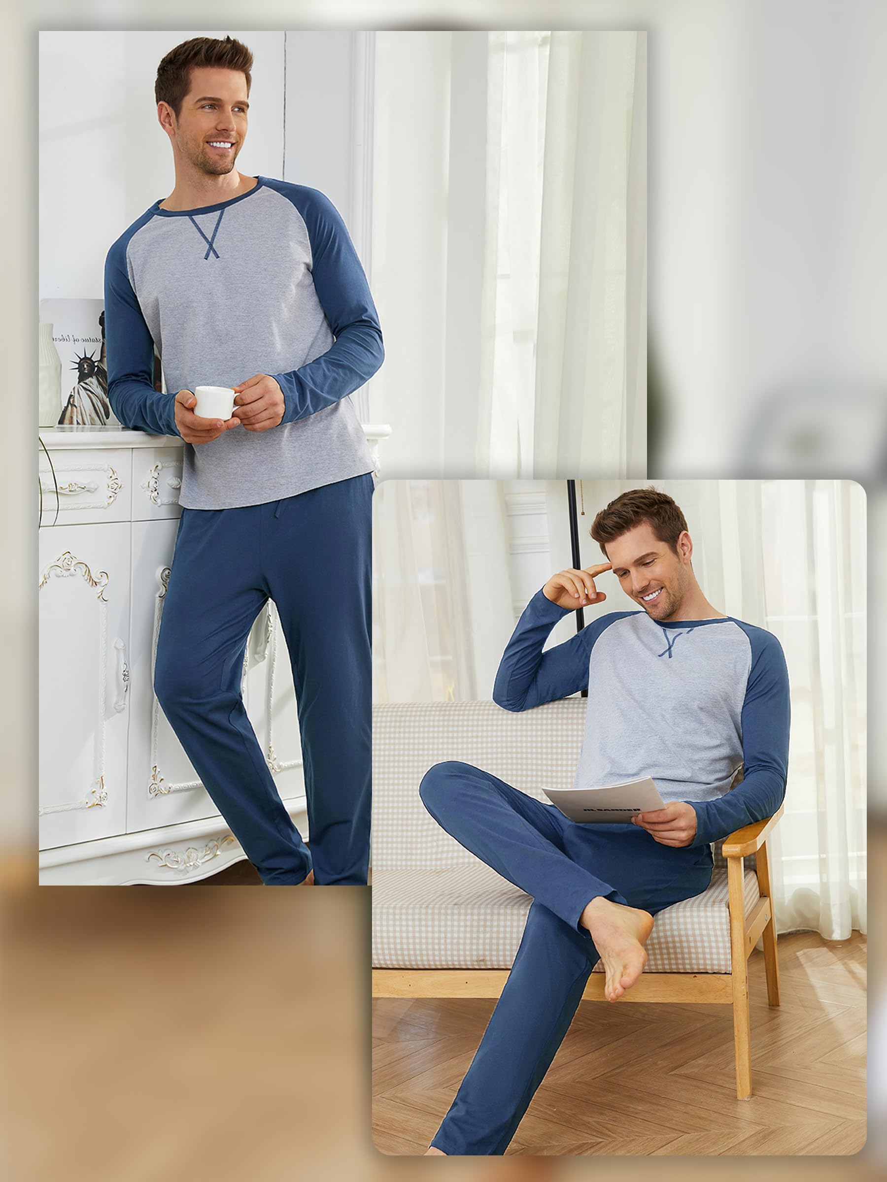 Reliwel Pigiama Uomo Cotone Leggero Pigiama Uomo Cotone Lungo Colori Contrastanti Girocollo a Maniche Lunghe e Pantaloni Due Pezzi Leggero Morbido