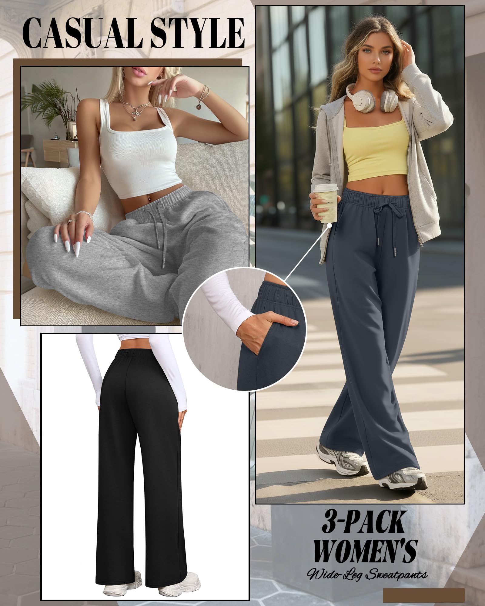 Riyiper Lot de 3 Pantalons de survêtement Larges pour Femmes Droits à Cordon de Serrage Taille élastique Jogging avec Poches