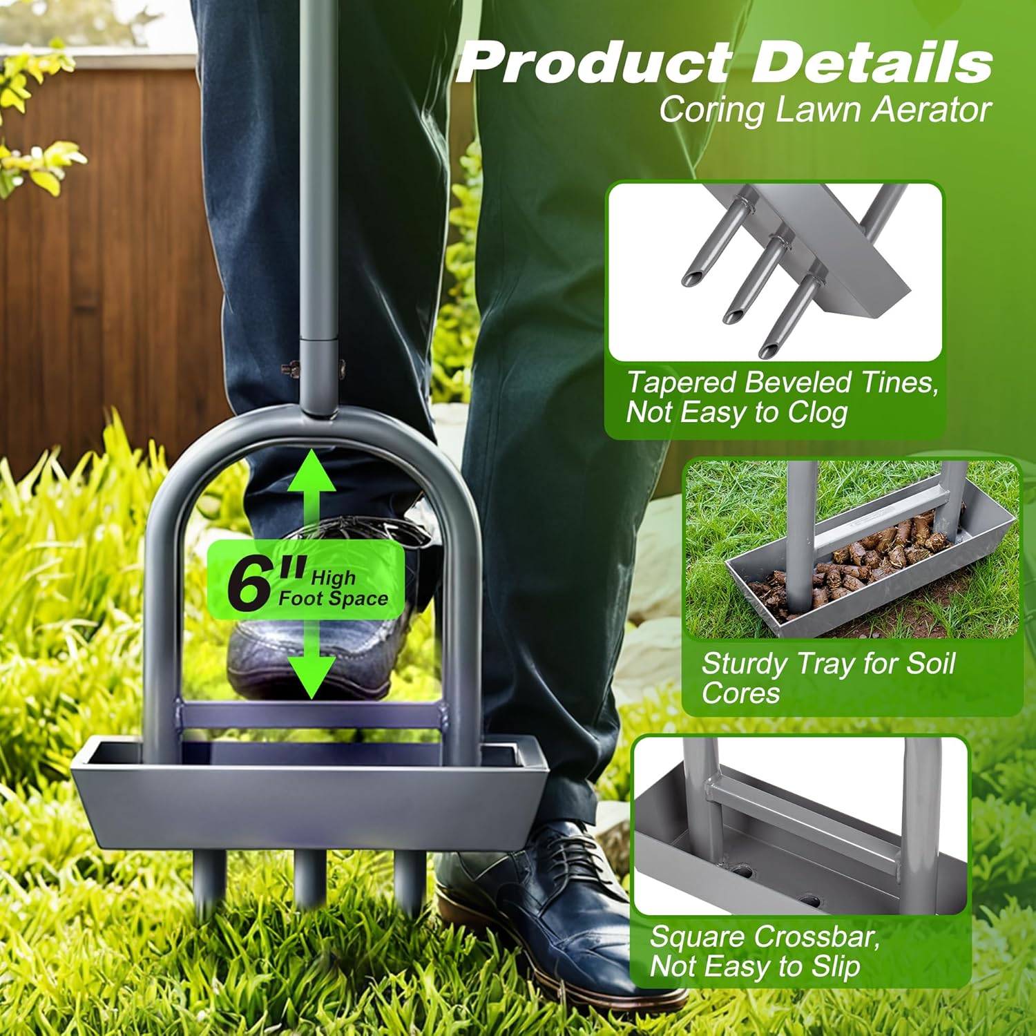 Walensee Lawn Aerator Coring Tool with Soil Core Storage Tray, 38.2" Manual Yard Plug Aerator with 3 Tines, Grass Aeration Gardening Tool with Cleaning Tool for Lawn Care and Compacted Soil