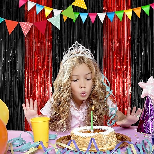 Miniatura 4 de Cortinas de flecos negros y rojos para fiesta, paquete de 2 cortinas de fondo de flecos de aluminio de 3.3 x 8.3 pies para cumpleaños, boda, novia,