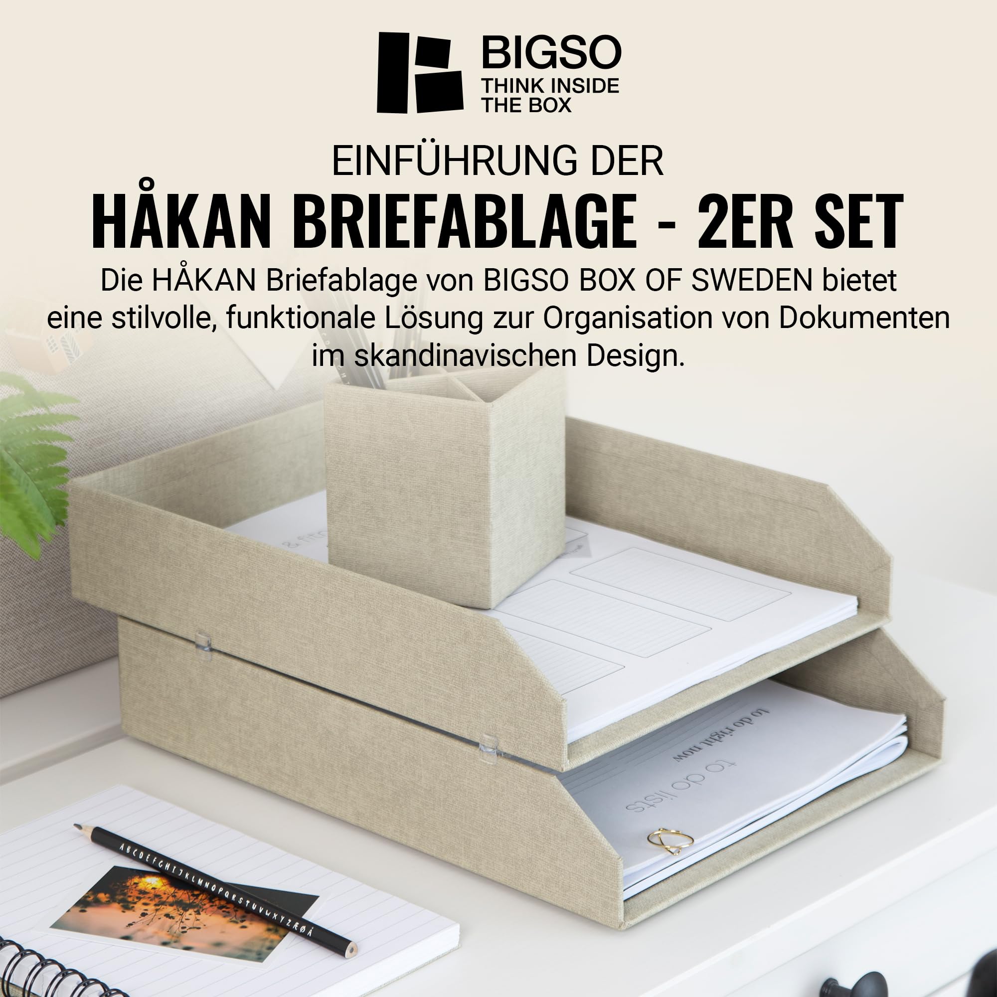 BIGSO Hakan 2er-Set Briefablage A4 – Aufbewahrungsbox stapelbar mit Griff – Schreibtischablage für Briefe, Dokumente & Unterlagen – Ordnungssystem aus Faserplatte mit Papier – Beige