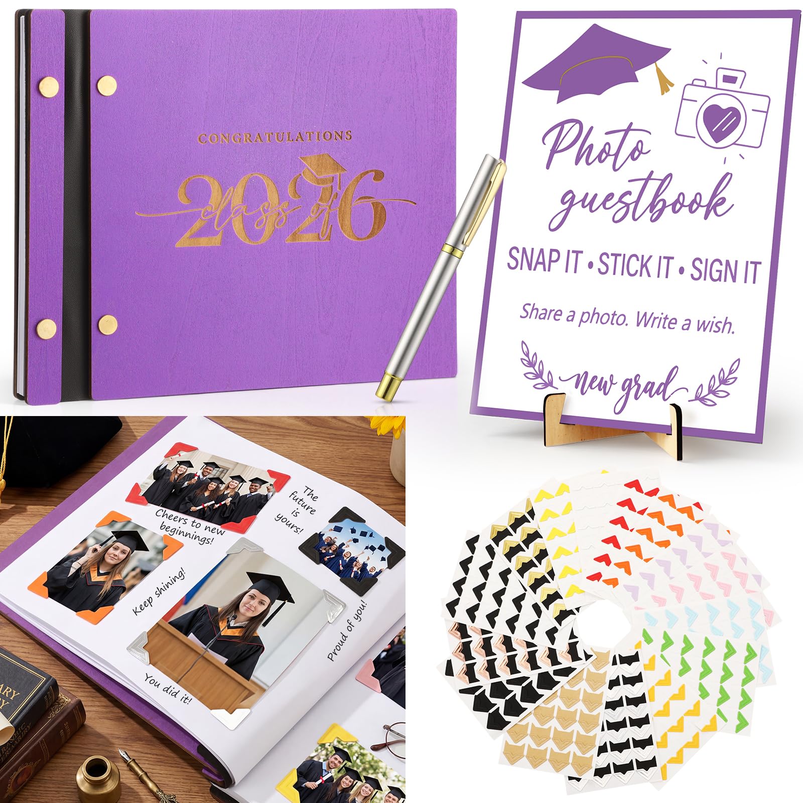Livre d'or de remise de diplôme 2026 Thenshop en bois avec 126 pages et 360 coins photo