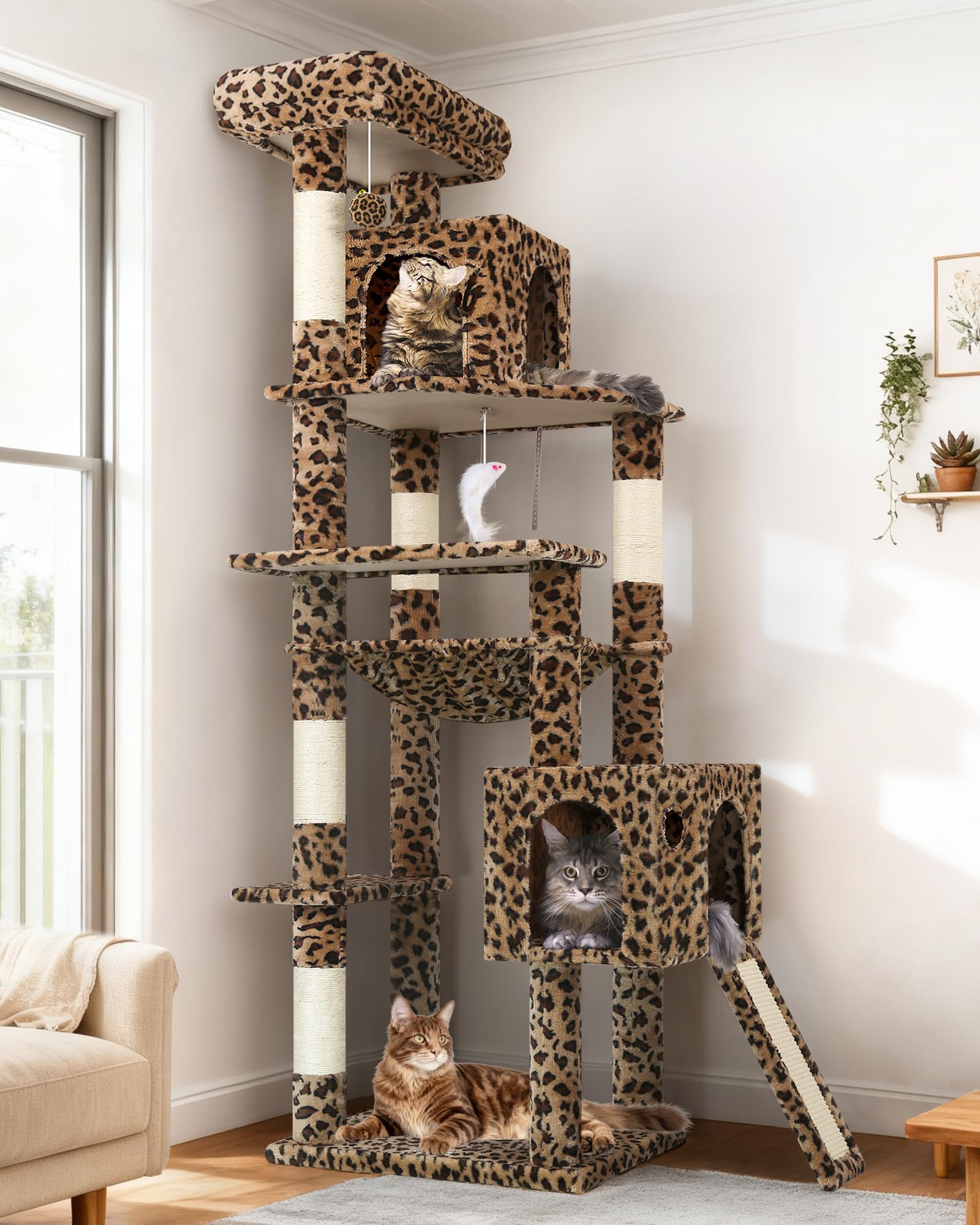 Globlazer Árbol Rascador Leopardo Esquina para Gatos Alto 178 cm con Hamaca, 2 Nidos, Plataformas, Tabla Rascar Sisal, Peluche Juguetes, Estable Torre para Grande Gatos Adulto (F70 Pro, Leopardo)