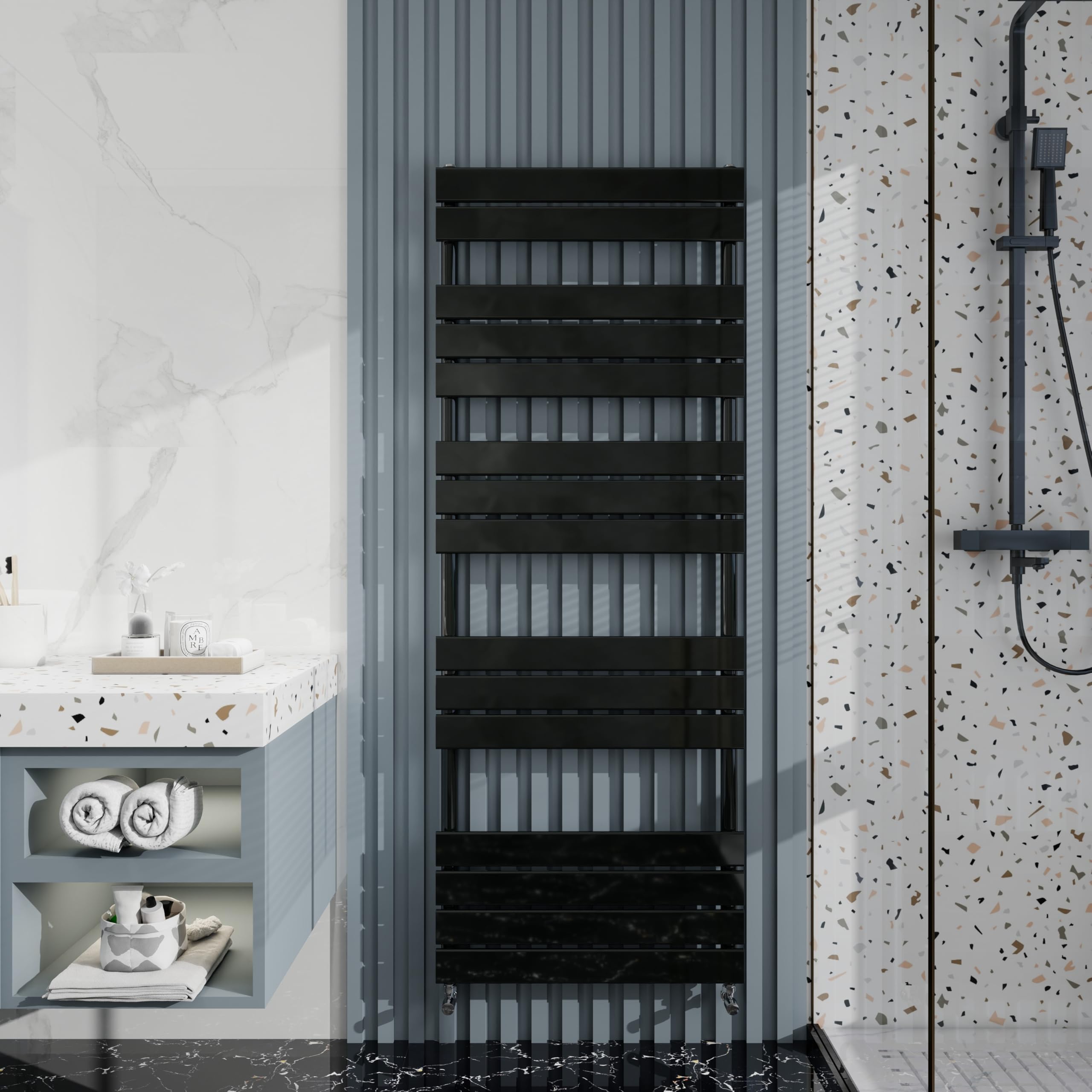 Heated Towel Rail Radiator: Wall Mounted Bathroom Heater with Central Heating, Modern Flat Ladder Panel 1600×600mm Black