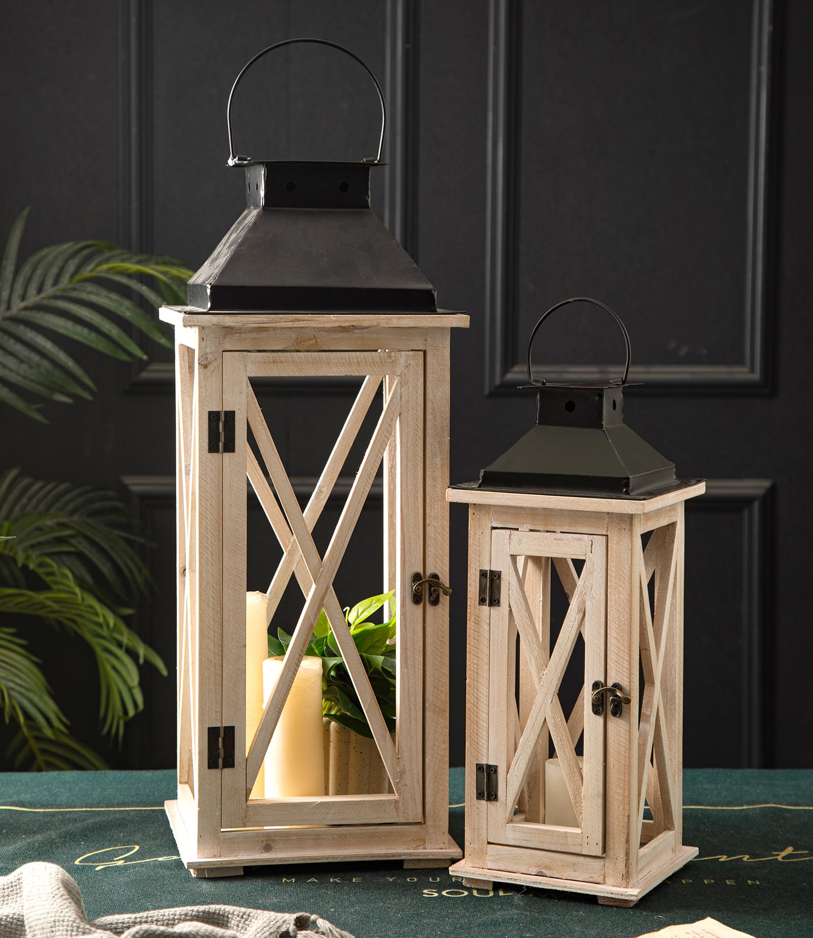 TIMRIS Large Wooden Candle Lanterns Decorative Set of 2, Rustic