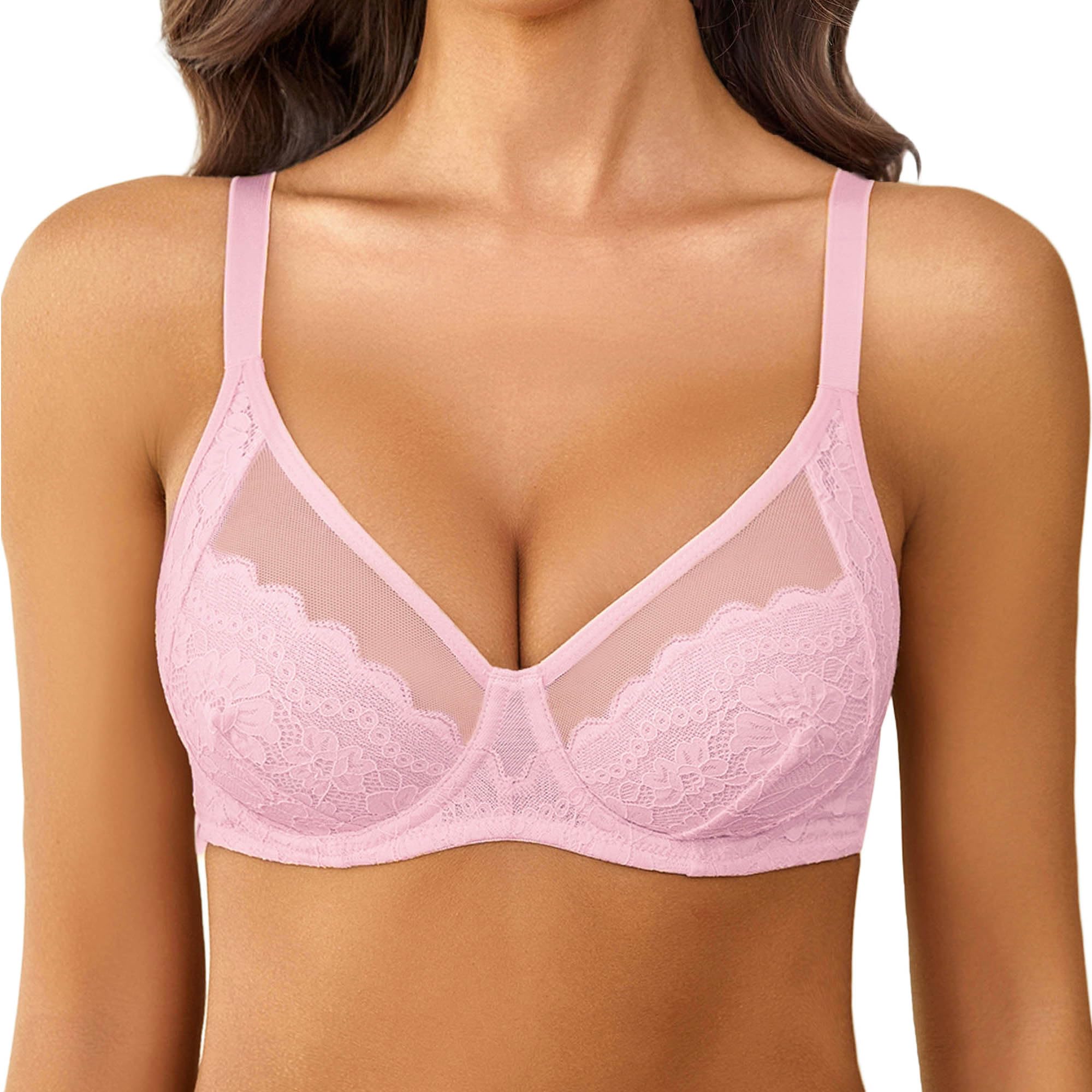 Avidlove Lace Bra with Underwire Women's Sexy Unlined Bra V Neck Undershirt Bras Lingeries Pink
