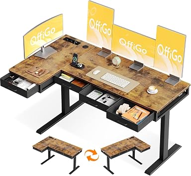 OffiGo Eckschreibtisch Höhenverstellbar, 160x80 cm Höhenverstellbarer Schreibtisch mit 4 Schublade, Elektrischer Tisch L Form mit Steckdose für Büro und Arbeitszimmer, Groß Ecktisch Vintage Braun